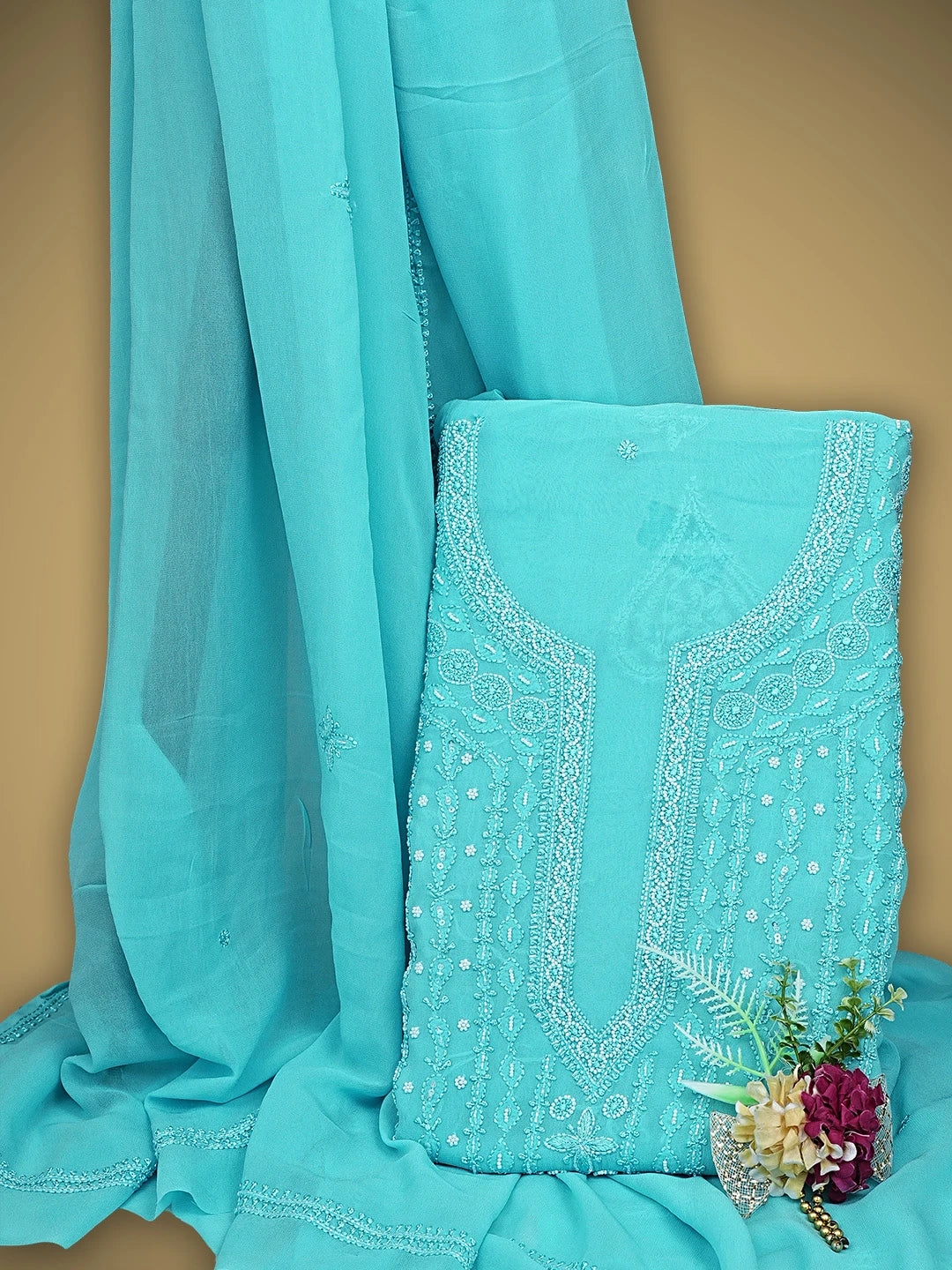 Ada Hand Embroidered Sky Blue Viscose Georgette Lucknowi Chikankari Unstitched Kurta Dupatta Set With Pearl Work 01A922552