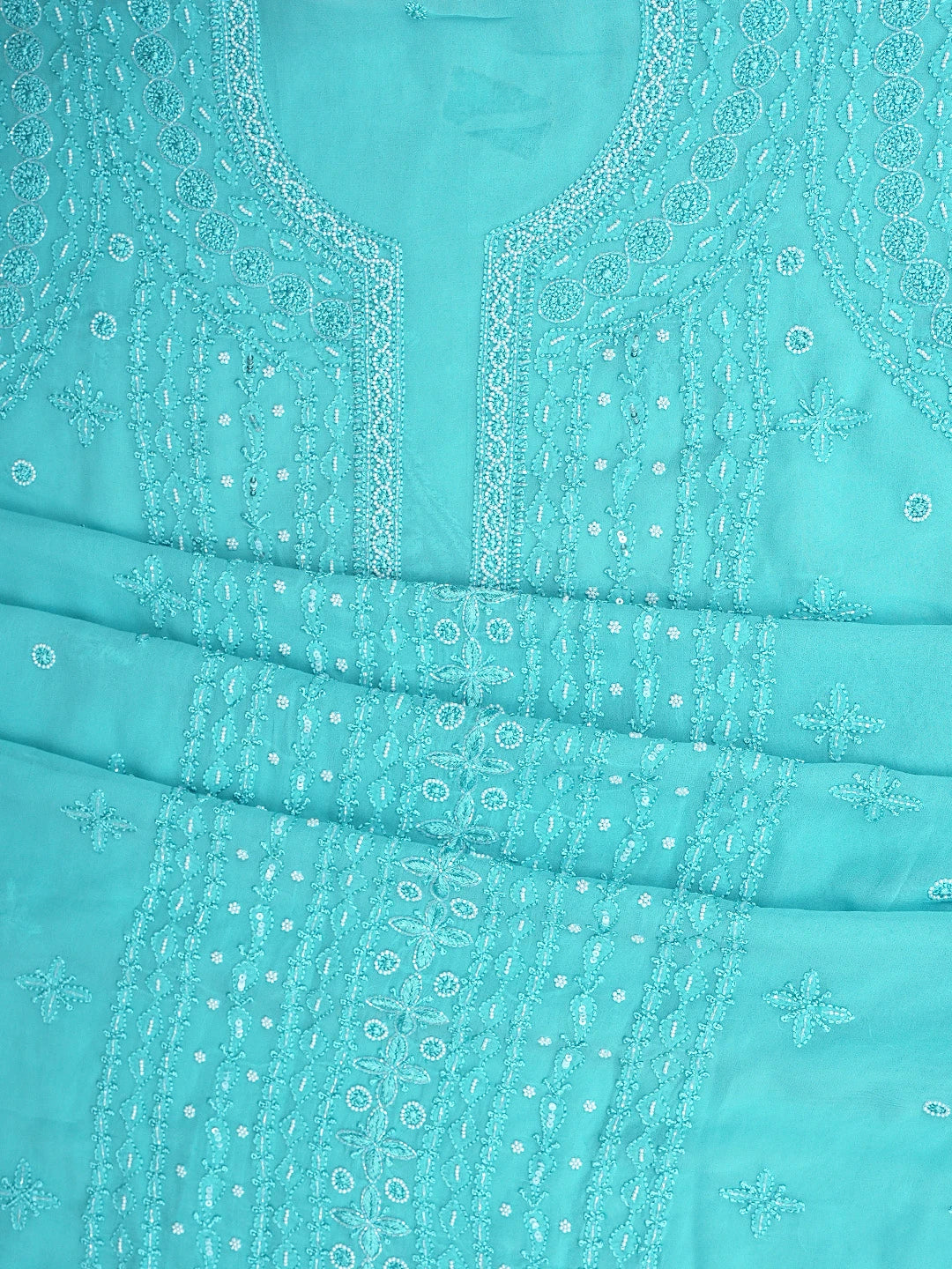 Ada Hand Embroidered Sky Blue Viscose Georgette Lucknowi Chikankari Unstitched Kurta Dupatta Set With Pearl Work 01A922552