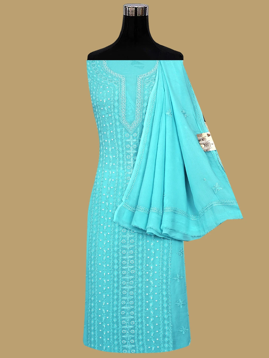 Ada Hand Embroidered Sky Blue Viscose Georgette Lucknowi Chikankari Unstitched Kurta Dupatta Set With Pearl Work 01A922552