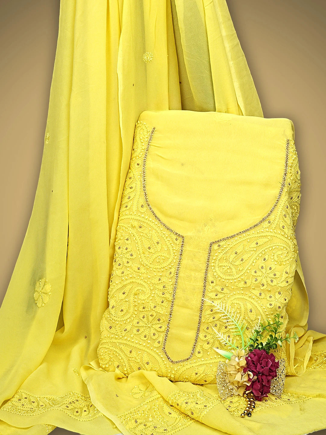 Ada Hand Embroidered Lemon Viscose Georgette Lucknowi Chikankari Unstitched Kurta Dupatta Set With Muqaish Work 01A809991