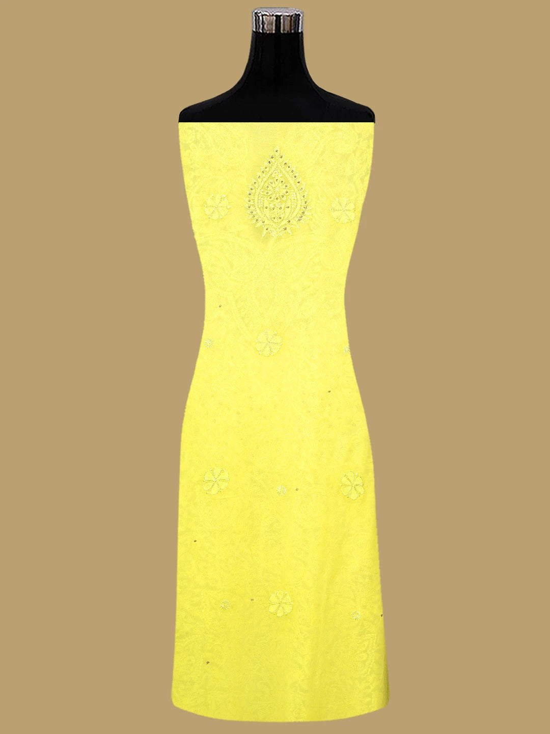Ada Hand Embroidered Lemon Viscose Georgette Lucknowi Chikankari Unstitched Kurta Dupatta Set With Muqaish Work 01A809991