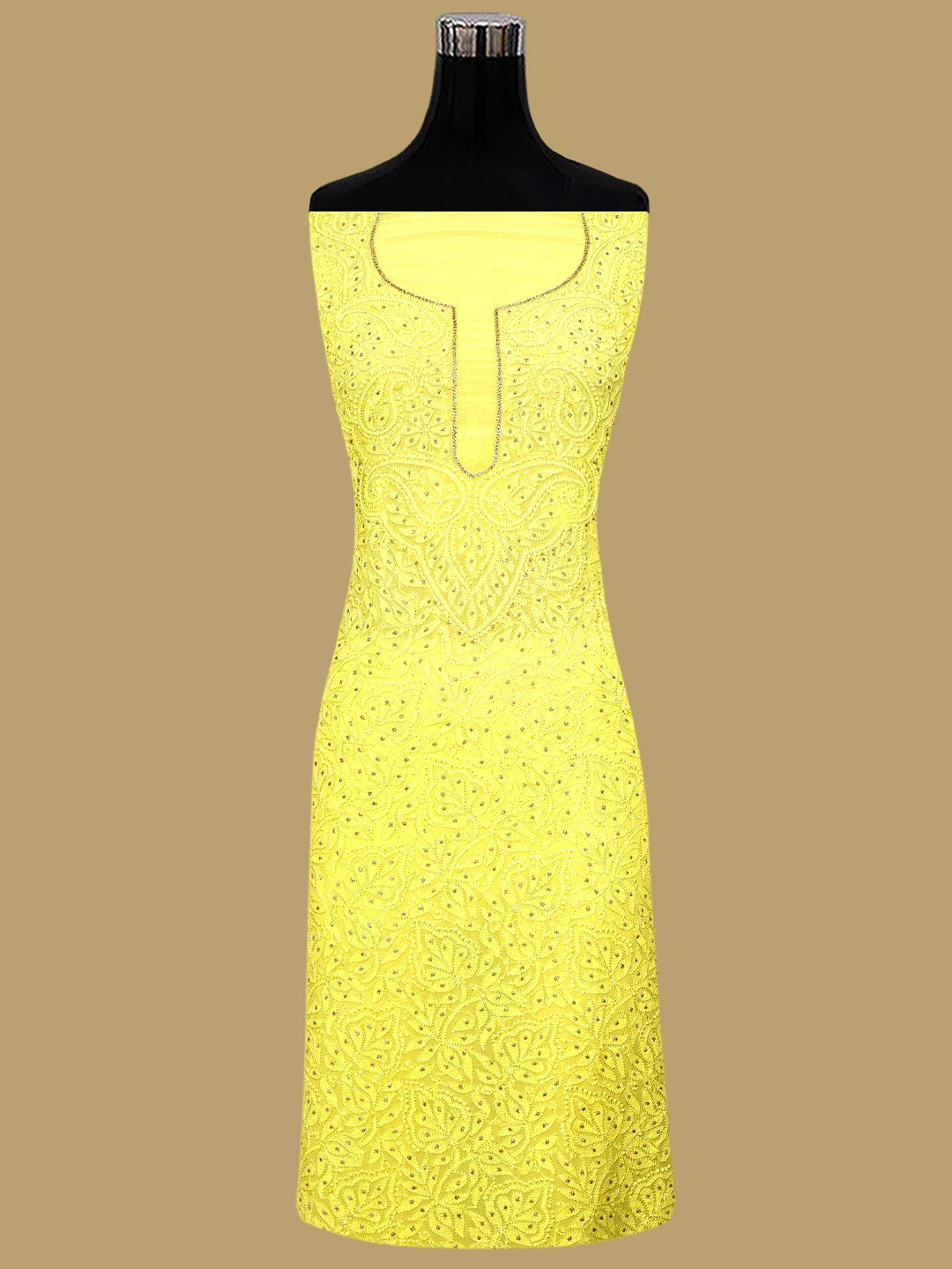 Ada Hand Embroidered Lemon Viscose Georgette Lucknowi Chikankari Unstitched Kurta Dupatta Set With Muqaish Work 01A809991