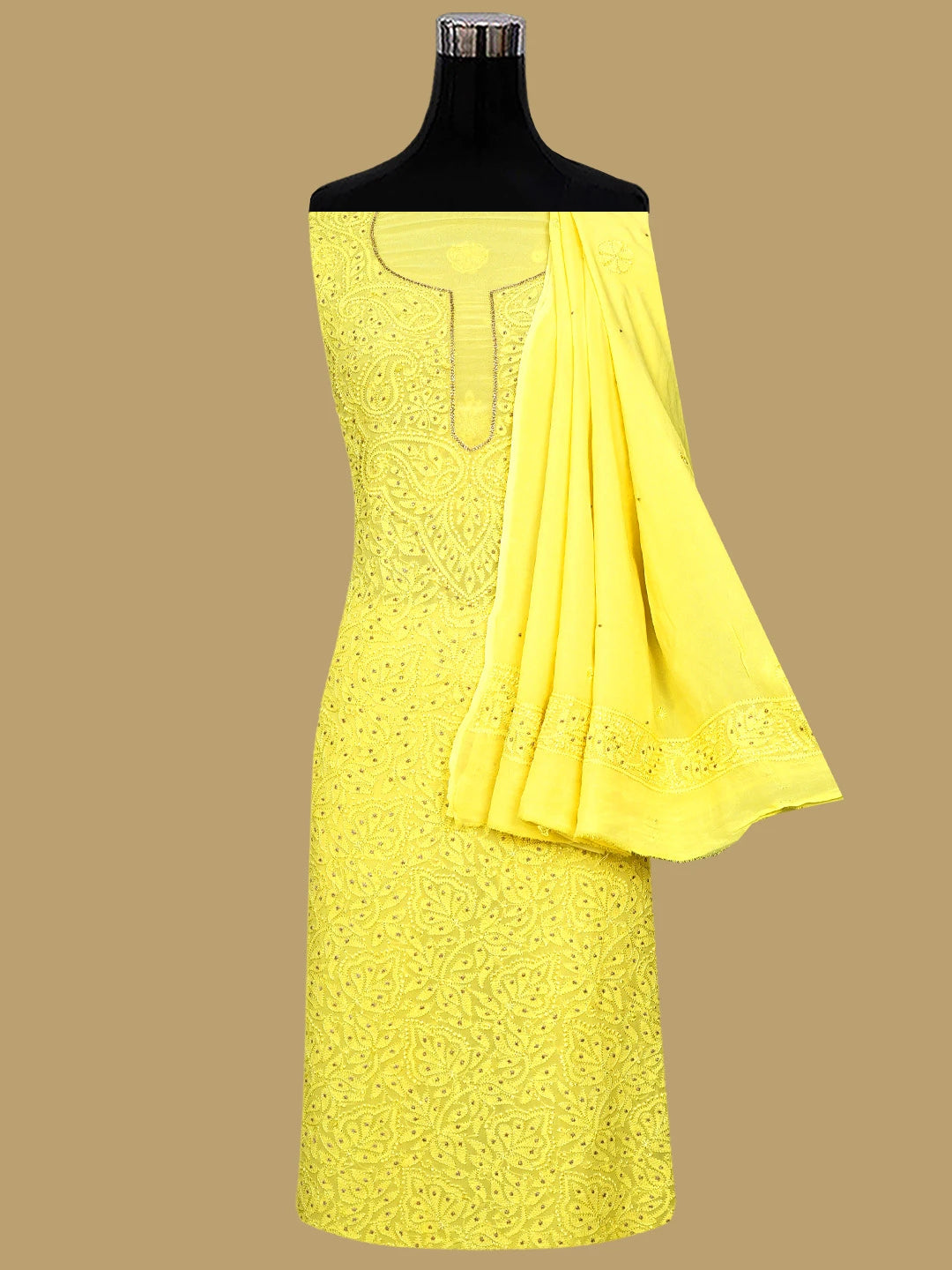 Ada Hand Embroidered Lemon Viscose Georgette Lucknowi Chikankari Unstitched Kurta Dupatta Set With Muqaish Work 01A809991