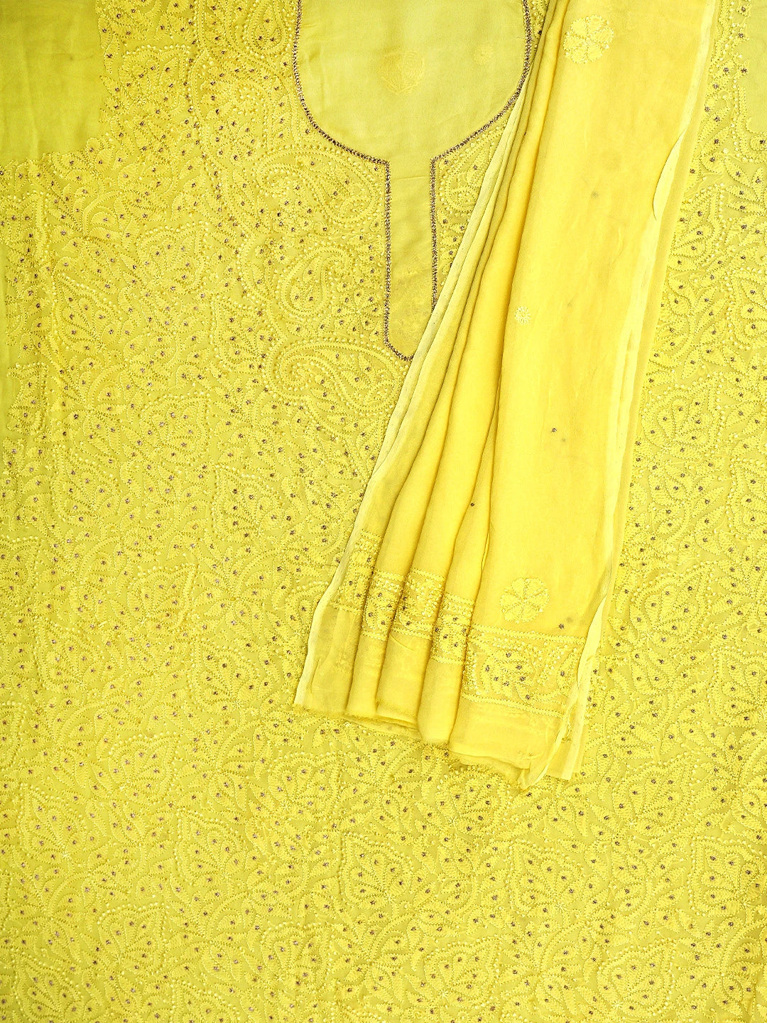 Ada Hand Embroidered Lemon Viscose Georgette Lucknowi Chikankari Unstitched Kurta Dupatta Set With Muqaish Work 01A809991