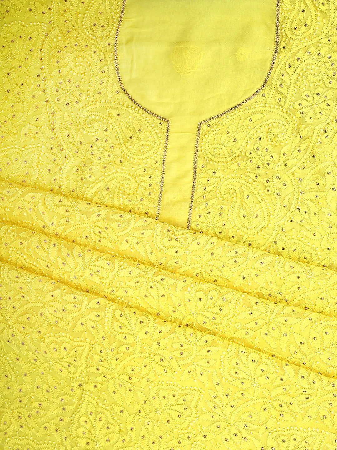 Ada Hand Embroidered Lemon Viscose Georgette Lucknowi Chikankari Unstitched Kurta Dupatta Set With Muqaish Work 01A809991