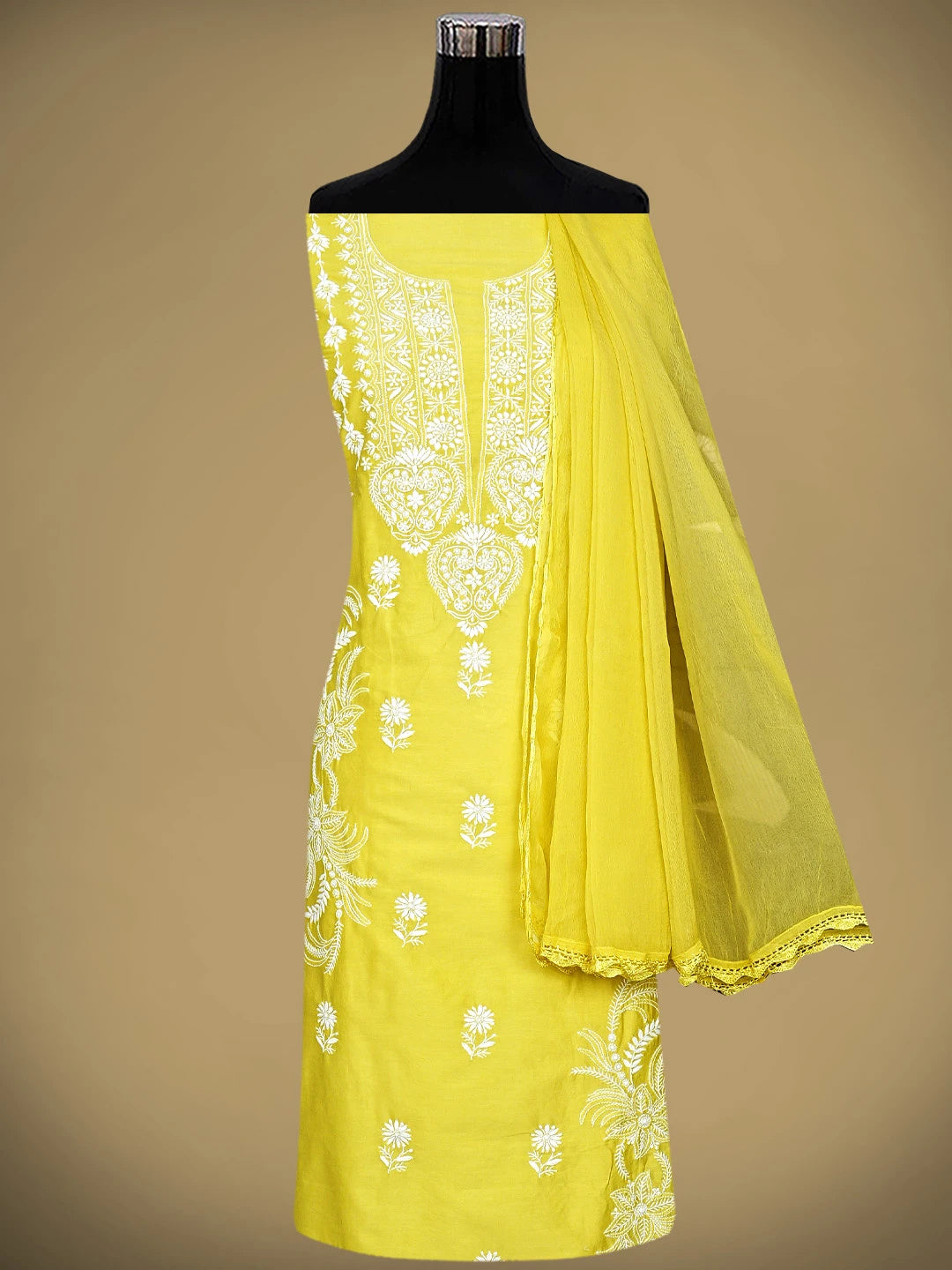 Ada Hand Embroidered Lemon Lime Chanderi Lucknowi Chikankari Unstitched Suit Piece 01A932517