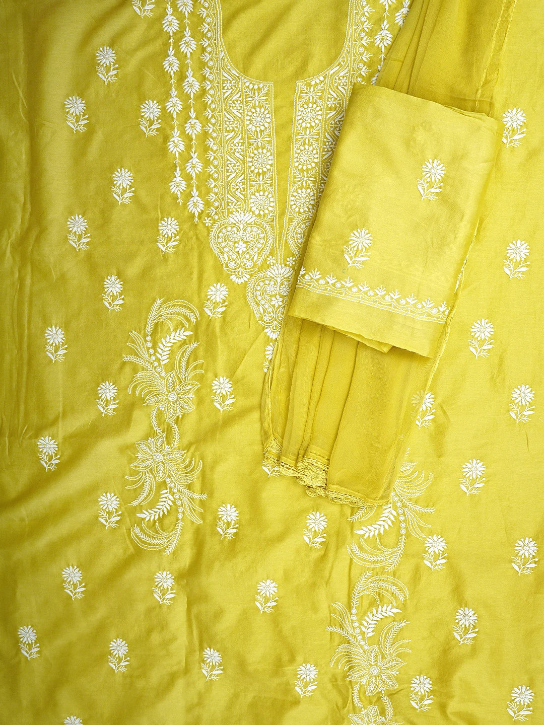 Ada Hand Embroidered Lemon Lime Chanderi Lucknowi Chikankari Unstitched Suit Piece 01A932517
