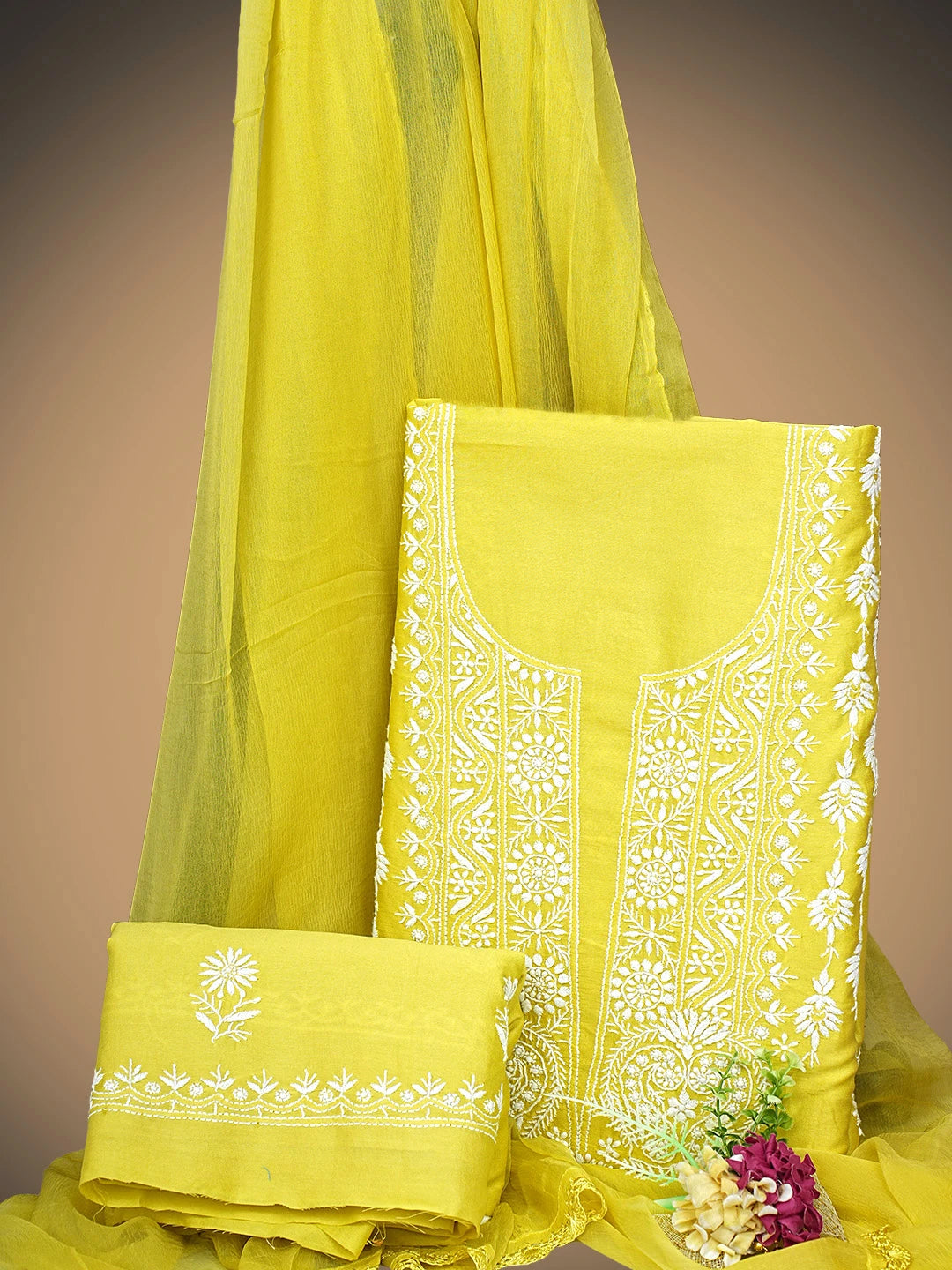 Ada Hand Embroidered Lemon Lime Chanderi Lucknowi Chikankari Unstitched Suit Piece 01A932517