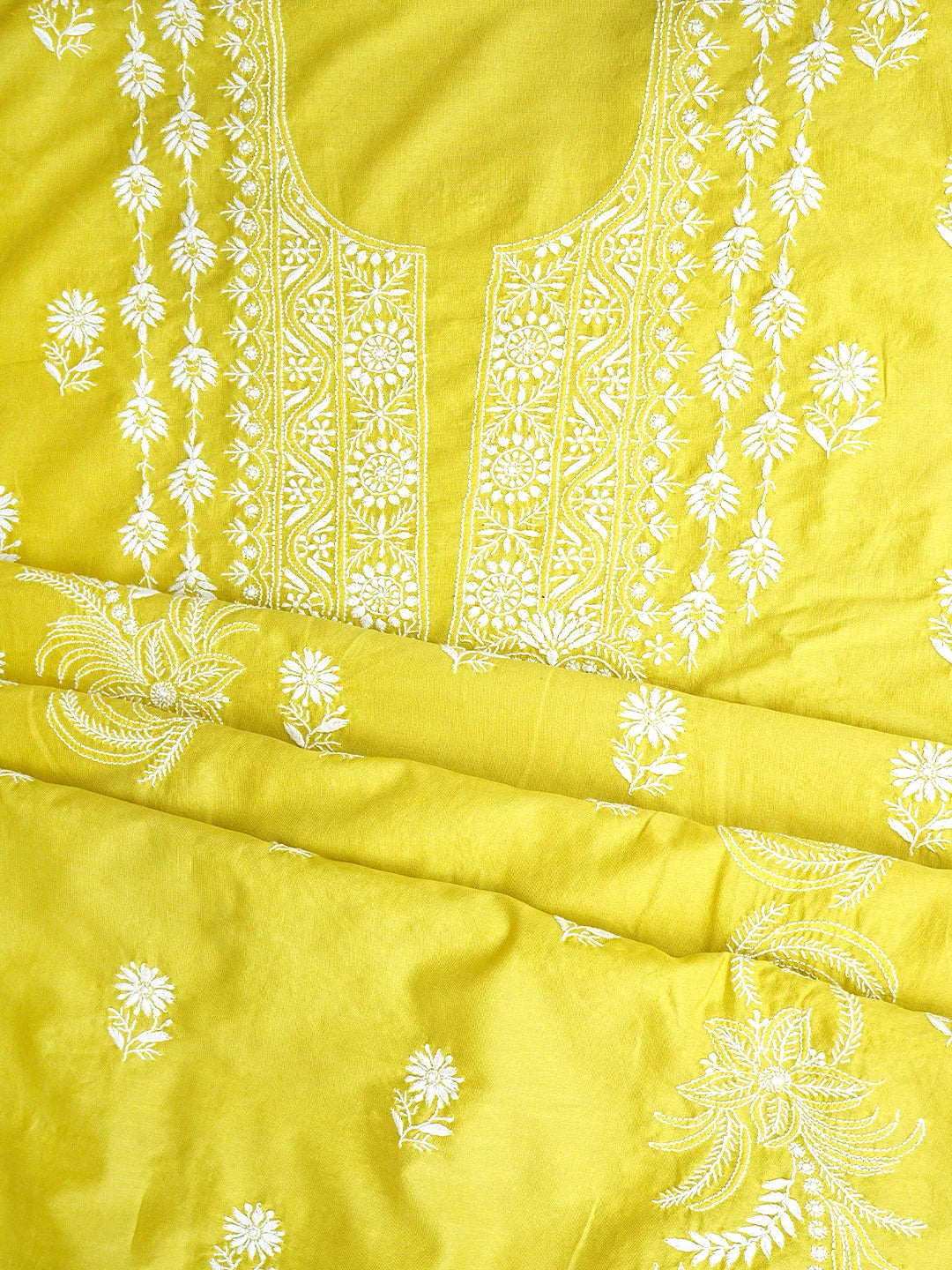 Ada Hand Embroidered Lemon Lime Chanderi Lucknowi Chikankari Unstitched Suit Piece 01A932517
