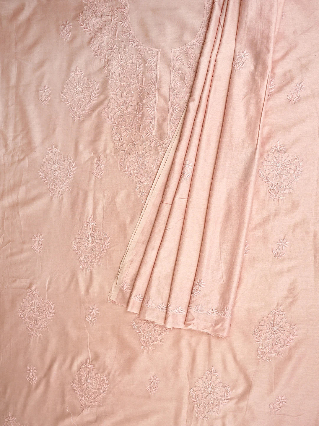 Ada Hand Embroidered Dusty Coral Peach Chanderi Lucknowi Chikankari Unstitched Kurta Dupatta Set 01A932537