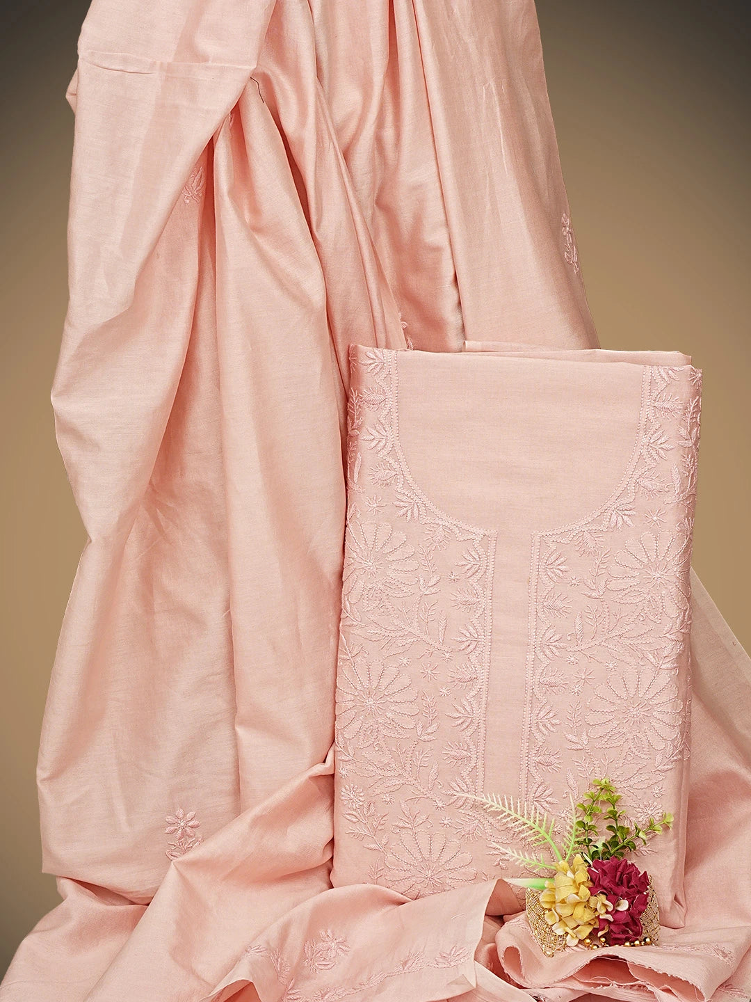 Ada Hand Embroidered Dusty Coral Peach Chanderi Lucknowi Chikankari Unstitched Kurta Dupatta Set 01A932537