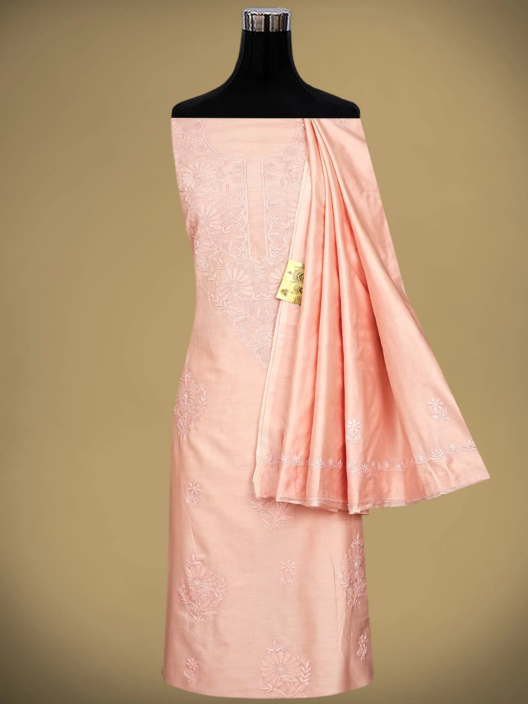 Ada Hand Embroidered Dusty Coral Peach Chanderi Lucknowi Chikankari Unstitched Kurta Dupatta Set 01A932537