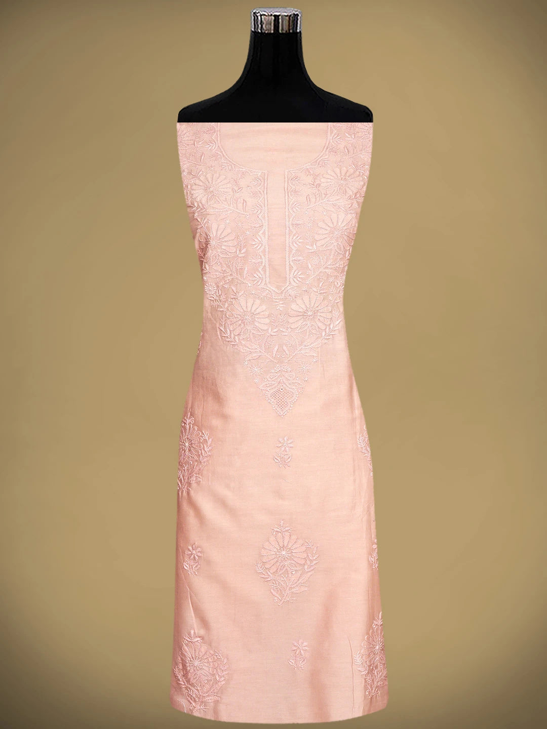 Ada Hand Embroidered Dusty Coral Peach Chanderi Lucknowi Chikankari Unstitched Kurta Dupatta Set 01A932537