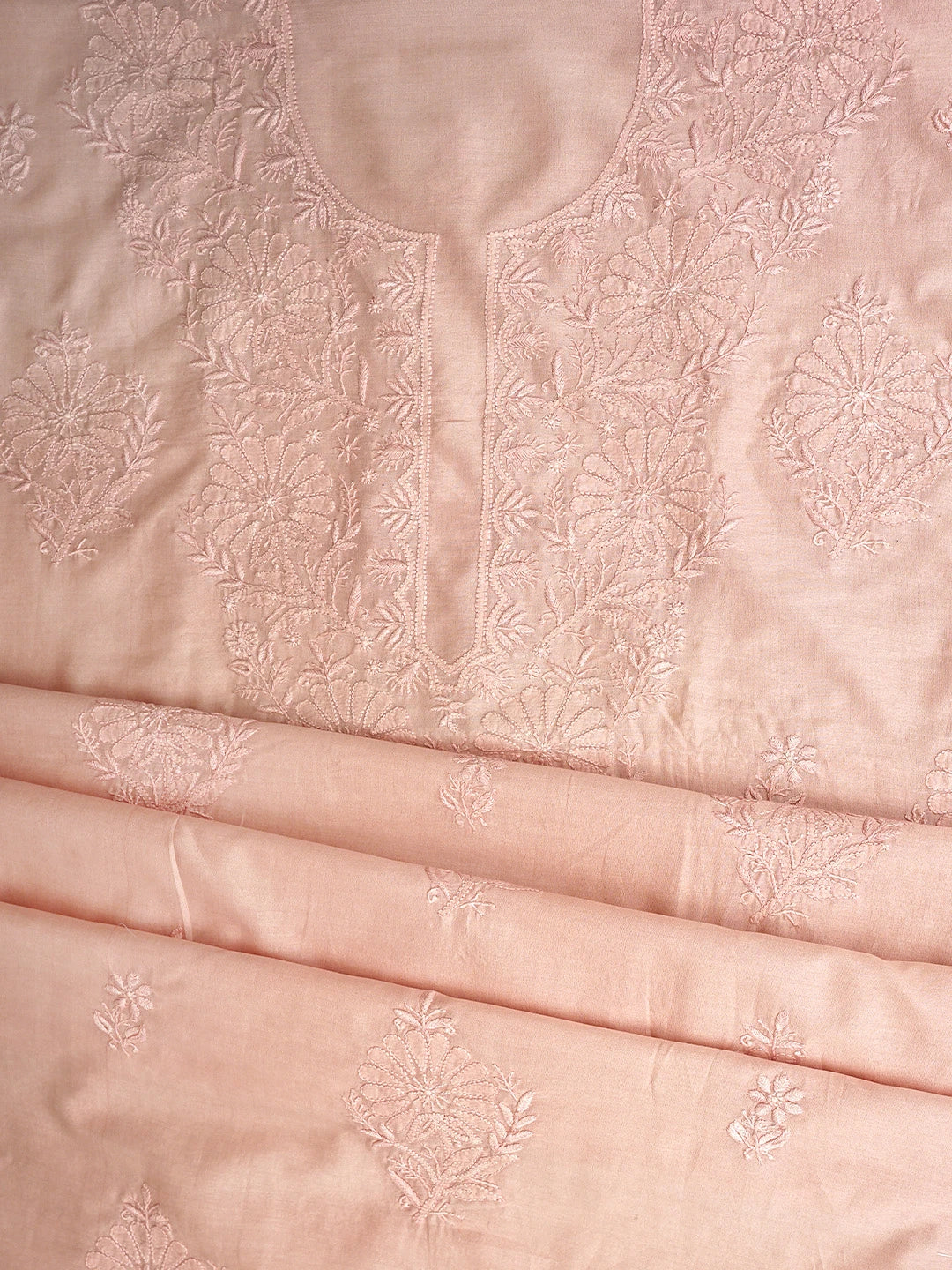 Ada Hand Embroidered Dusty Coral Peach Chanderi Lucknowi Chikankari Unstitched Kurta Dupatta Set 01A932537