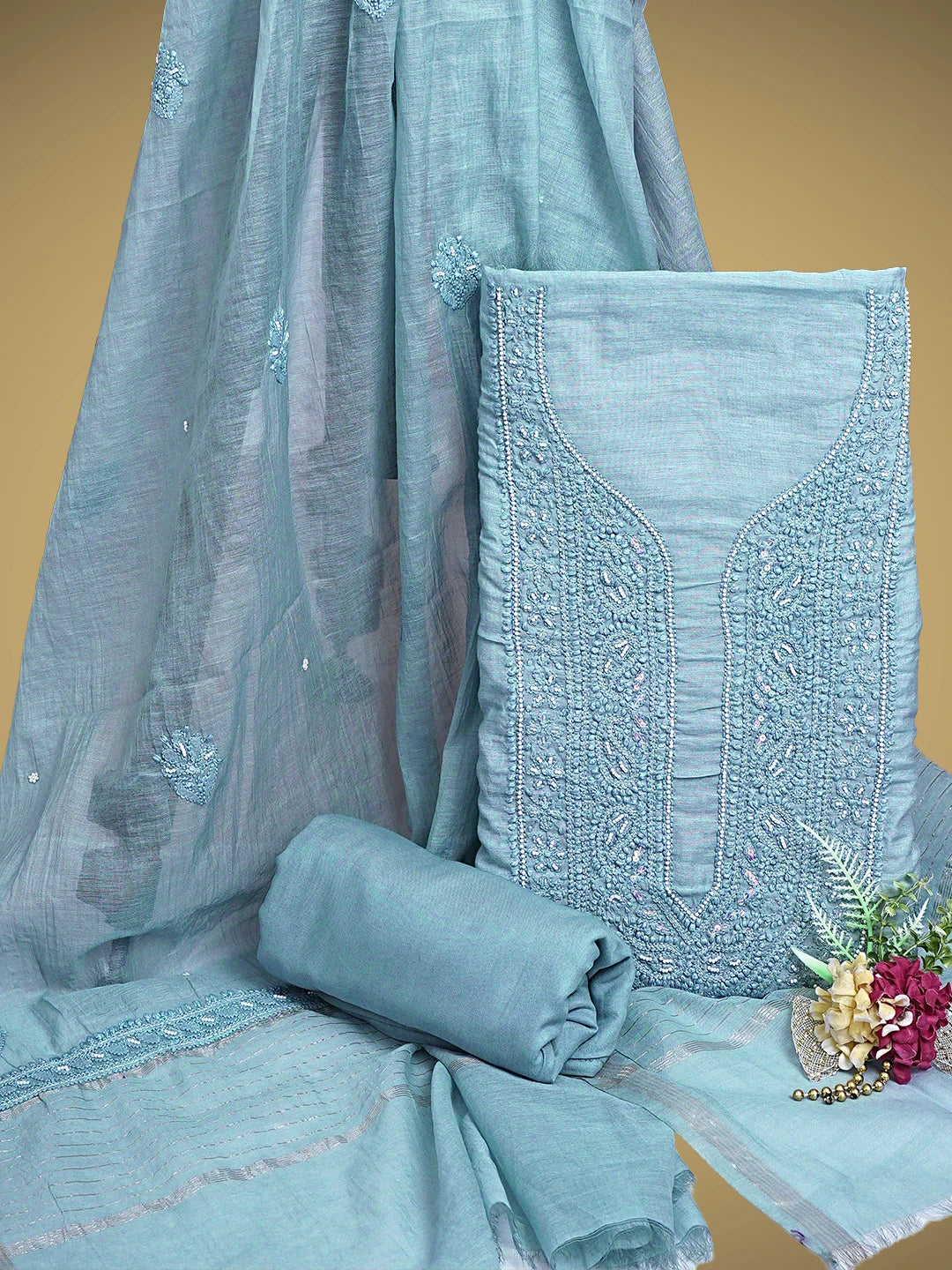 Ada Hand Embroidered Grey Chanderi Lucknowi Chikankari Unstitched Suit Piece With Pearl Work 01A937514