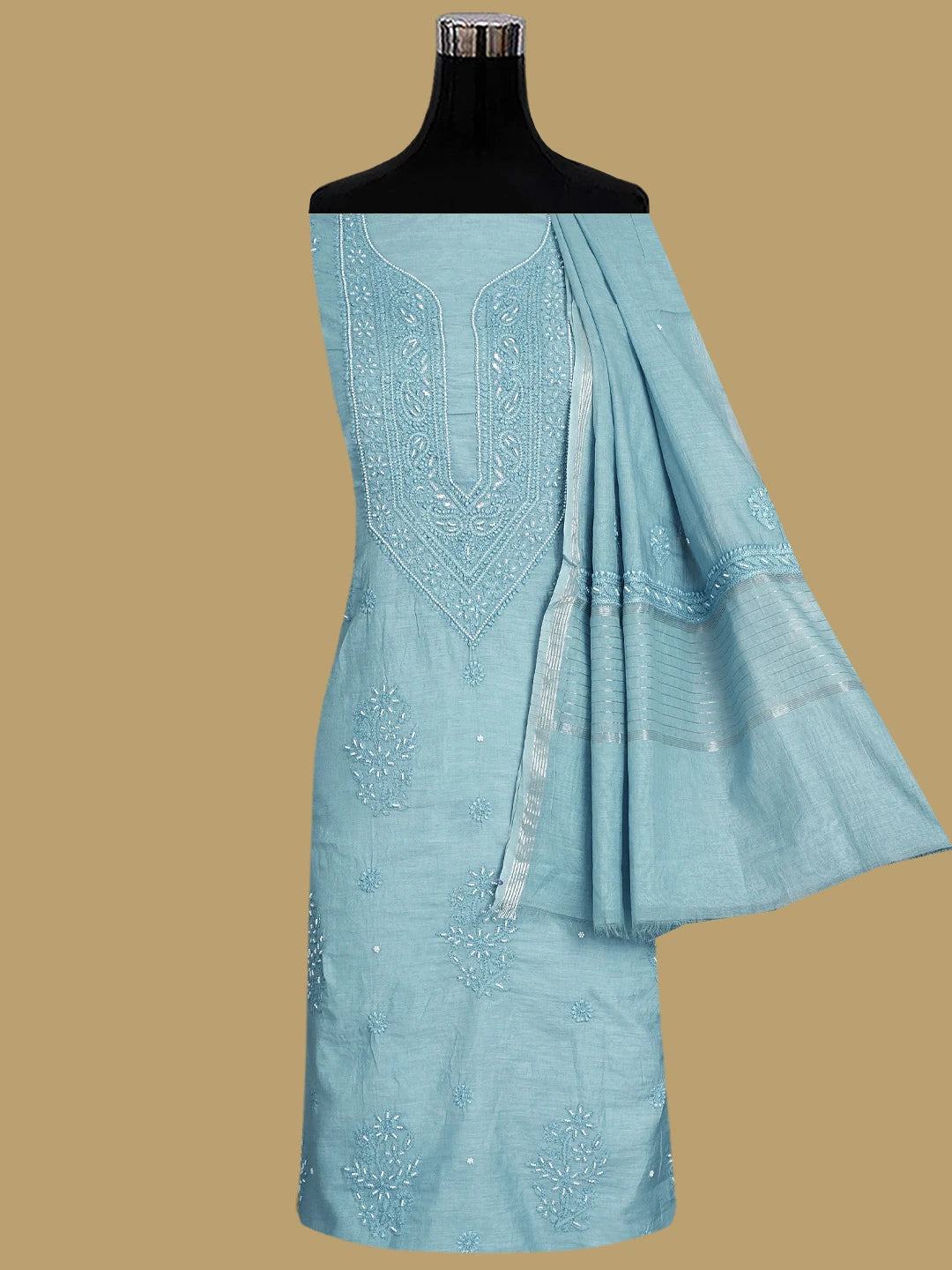 Ada Hand Embroidered Grey Chanderi Lucknowi Chikankari Unstitched Suit Piece With Pearl Work 01A937514