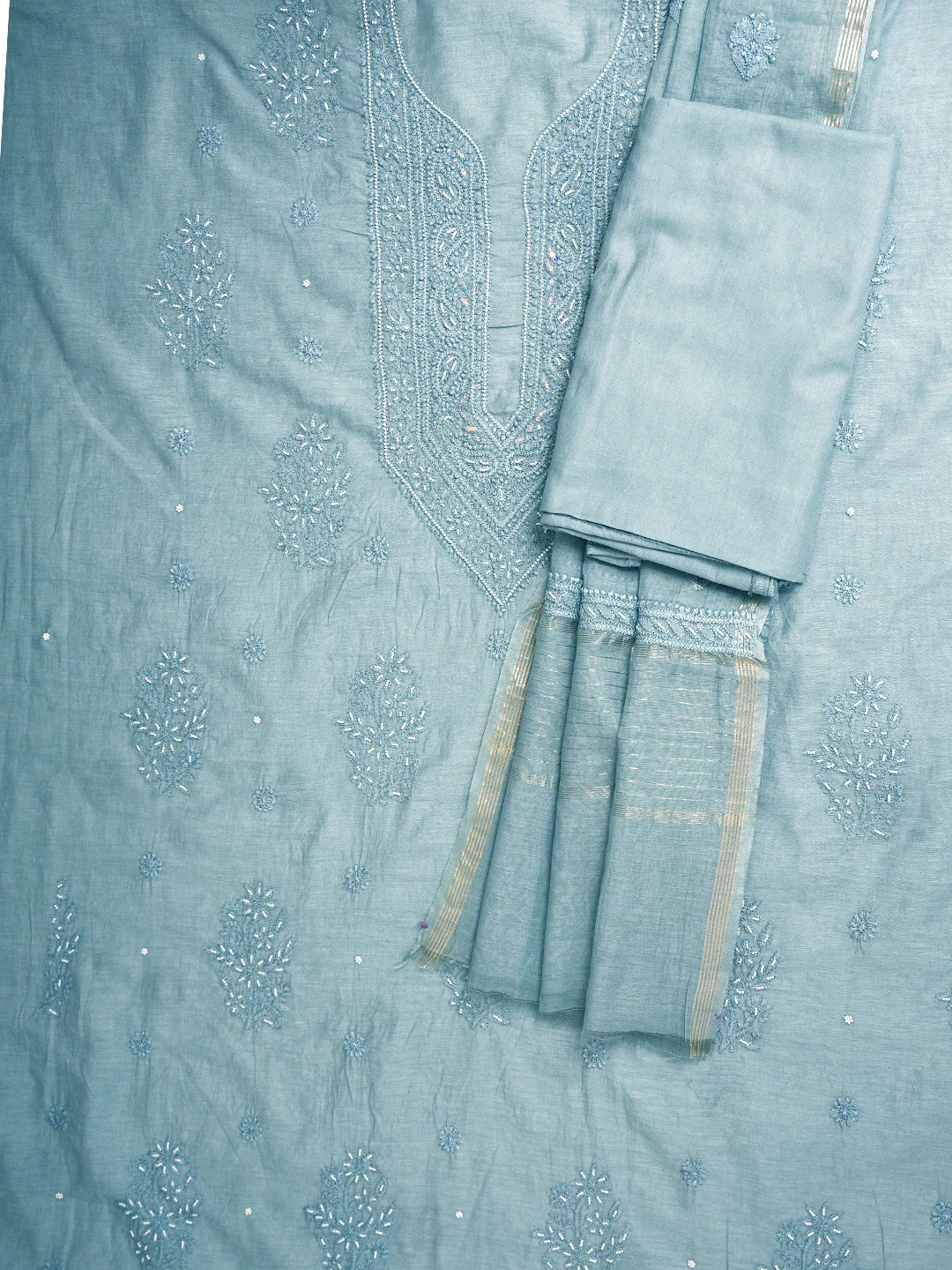 Ada Hand Embroidered Grey Chanderi Lucknowi Chikankari Unstitched Suit Piece With Pearl Work 01A937514