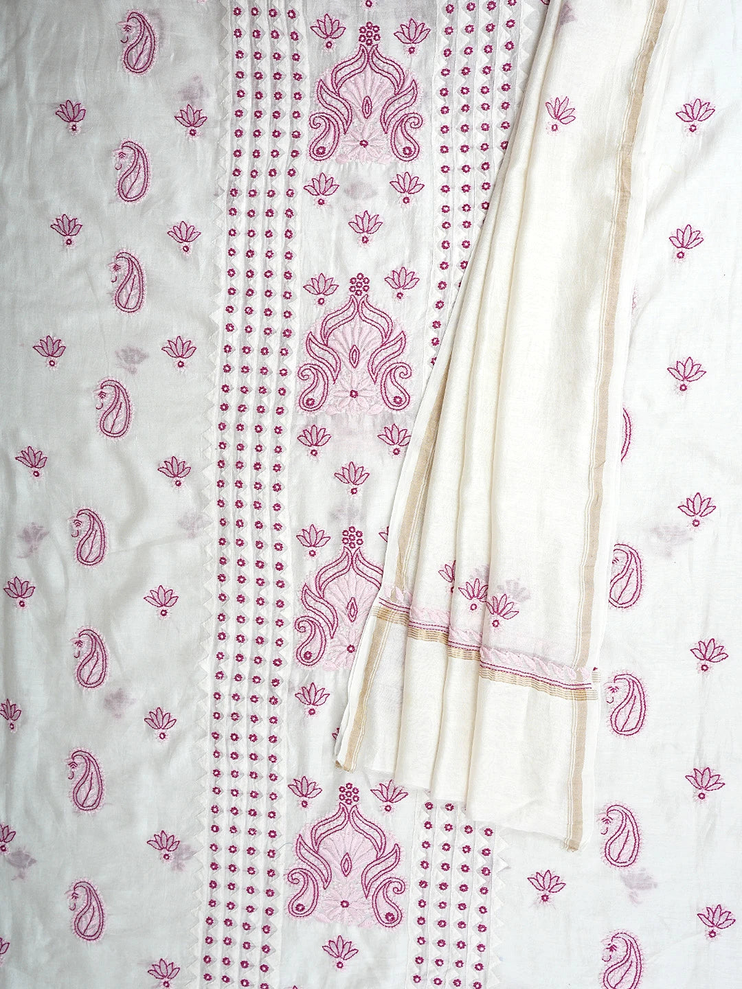 Ada Hand Embroidered Floral White Chanderi Lucknowi Chikankari Unstitched Kurta Dupatta Set 01A904785