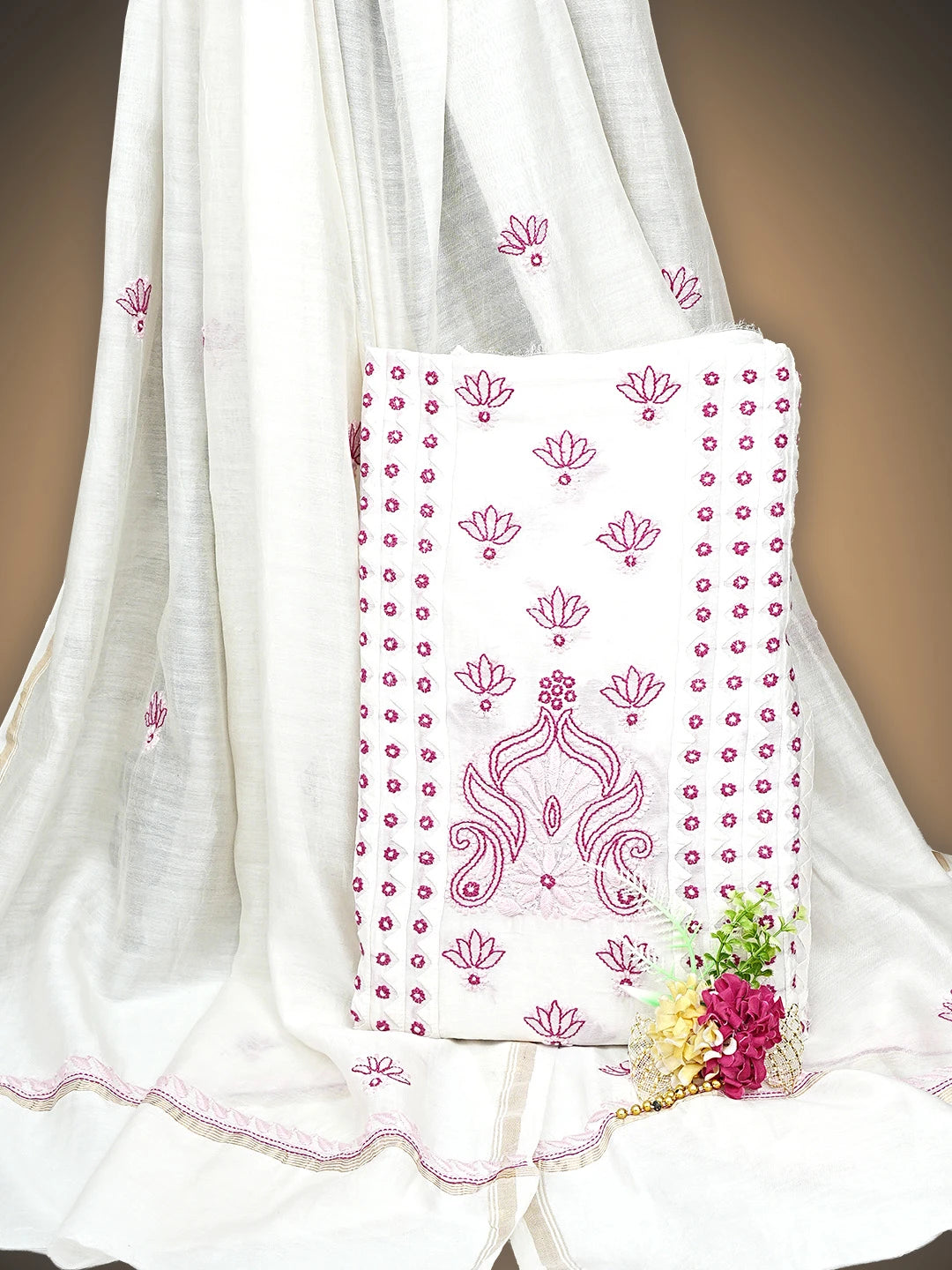 Ada Hand Embroidered Floral White Chanderi Lucknowi Chikankari Unstitched Kurta Dupatta Set 01A904785