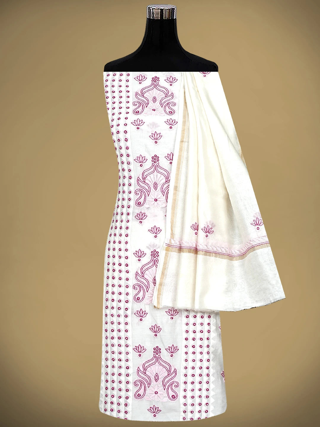 Ada Hand Embroidered Floral White Chanderi Lucknowi Chikankari Unstitched Kurta Dupatta Set 01A904785