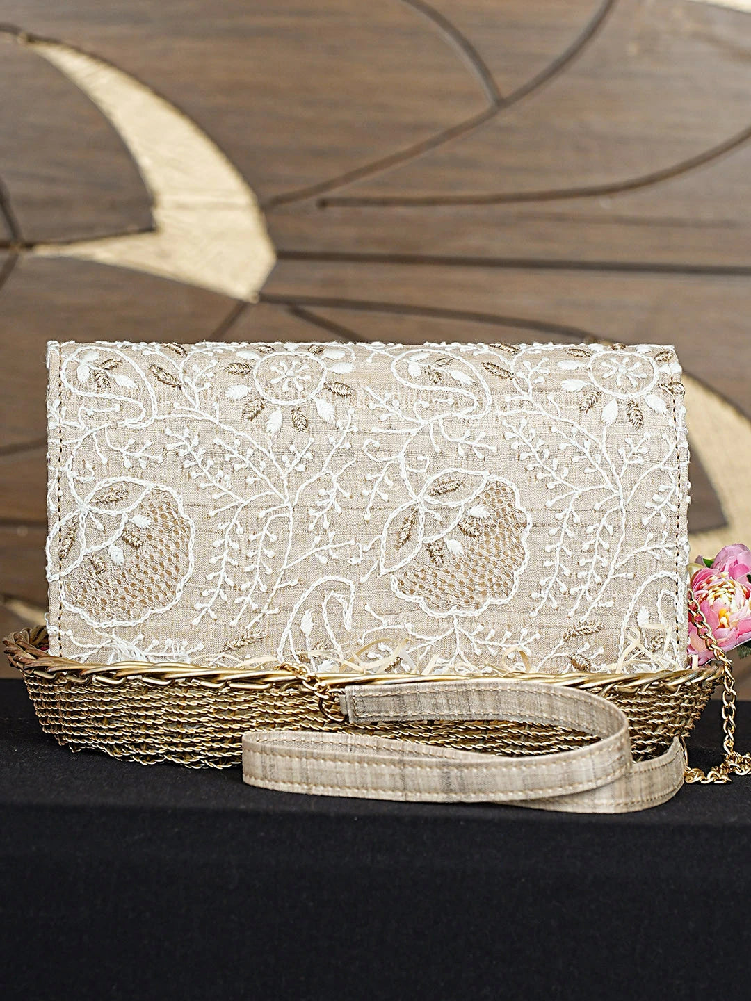 Ada Hand Embroidered Fawn Silk Lucknowi Chikankari Clutch With Zari Work 01A921502