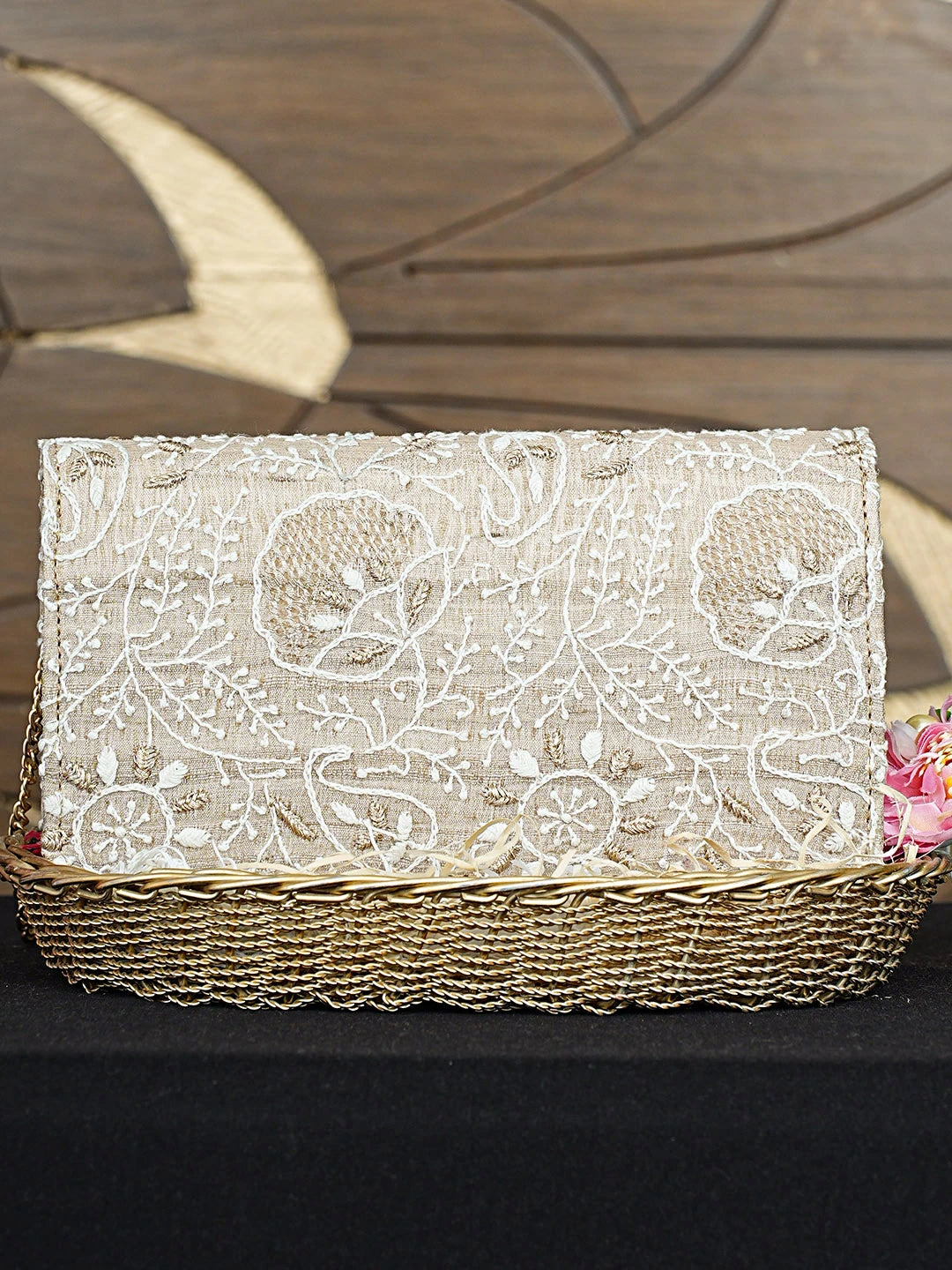 Ada Hand Embroidered Fawn Silk Lucknowi Chikankari Clutch With Zari Work 01A921502