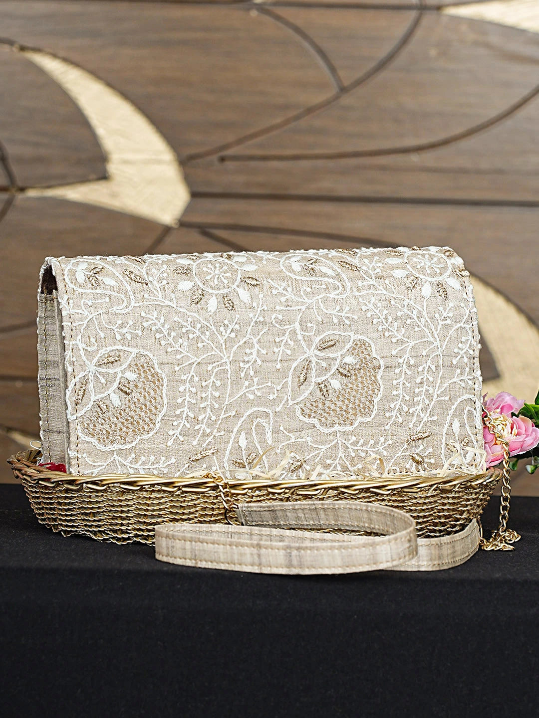 Ada Hand Embroidered Fawn Silk Lucknowi Chikankari Clutch With Zari Work 01A921502