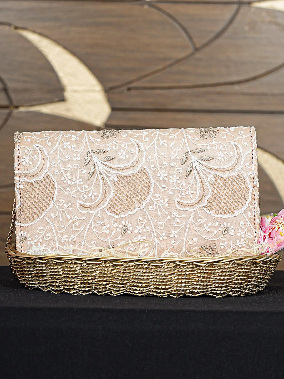 Ada Hand Embroidered Candy Peach Silk Lucknowi Chikankari Clutch With Zari Work 01A784745