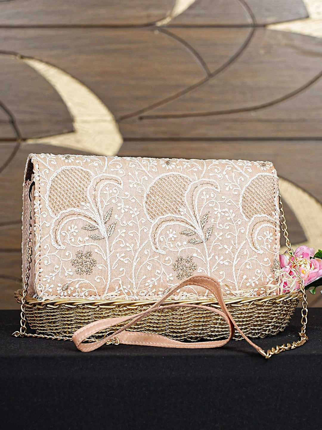 Ada Hand Embroidered Candy Peach Silk Lucknowi Chikankari Clutch With Zari Work 01A784745