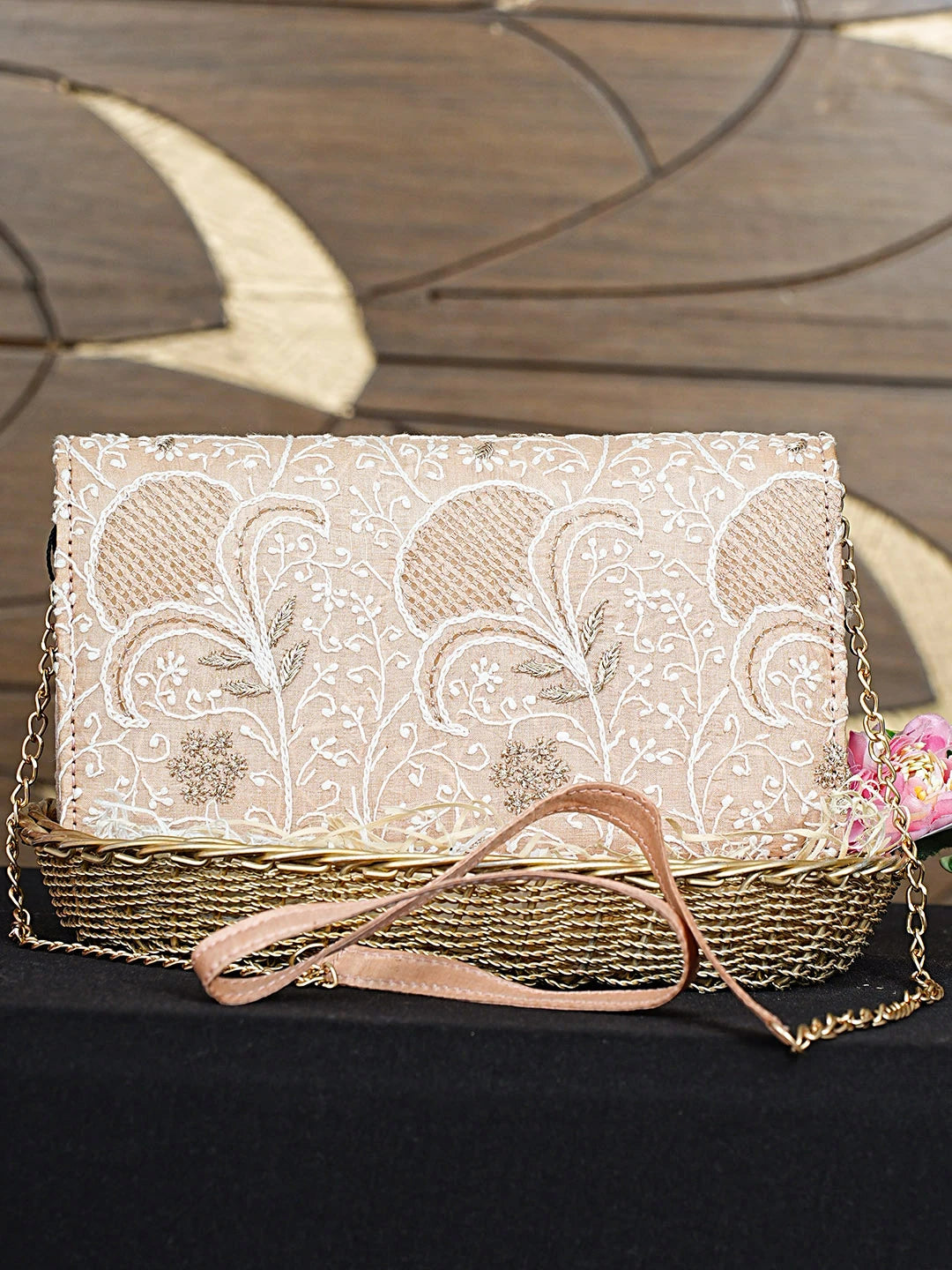 Ada Hand Embroidered Candy Peach Silk Lucknowi Chikankari Clutch With Zari Work 01A784745