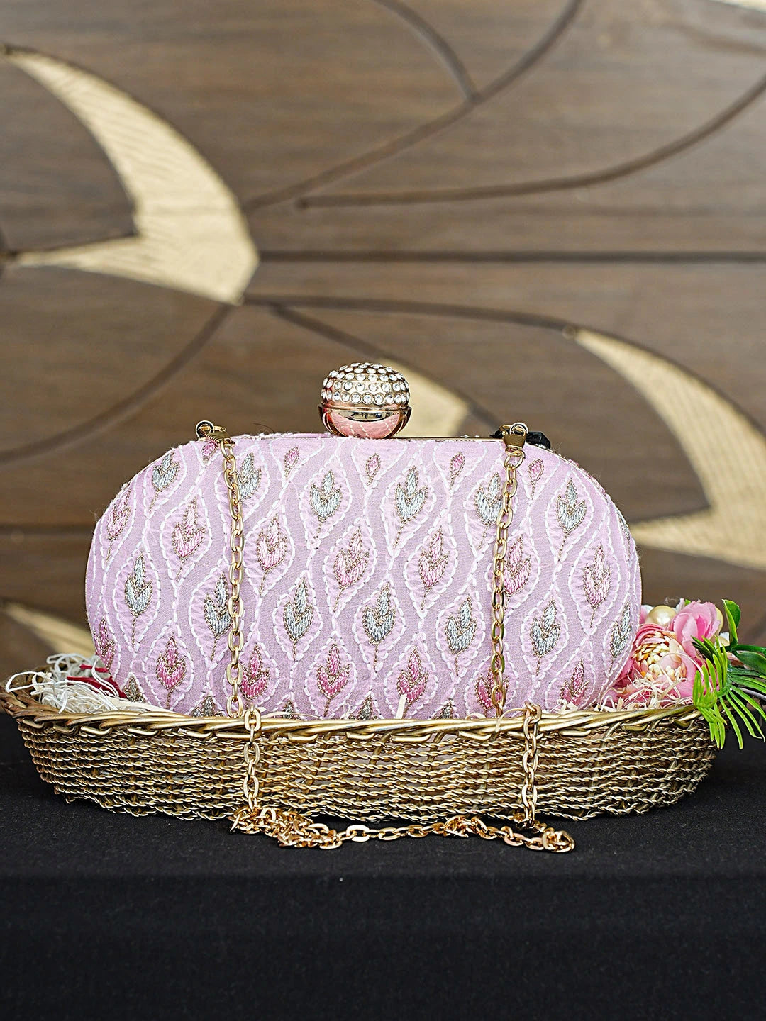 Ada Hand Embroidered Pink Mist Viscose Georgette Lucknowi Chikankari Clutch With Zari Work 01A925581