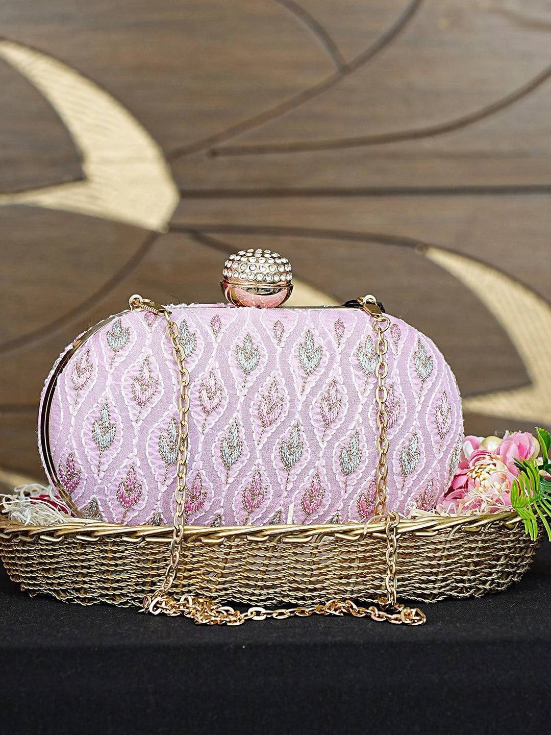 Ada Hand Embroidered Pink Mist Viscose Georgette Lucknowi Chikankari Clutch With Zari Work 01A925581