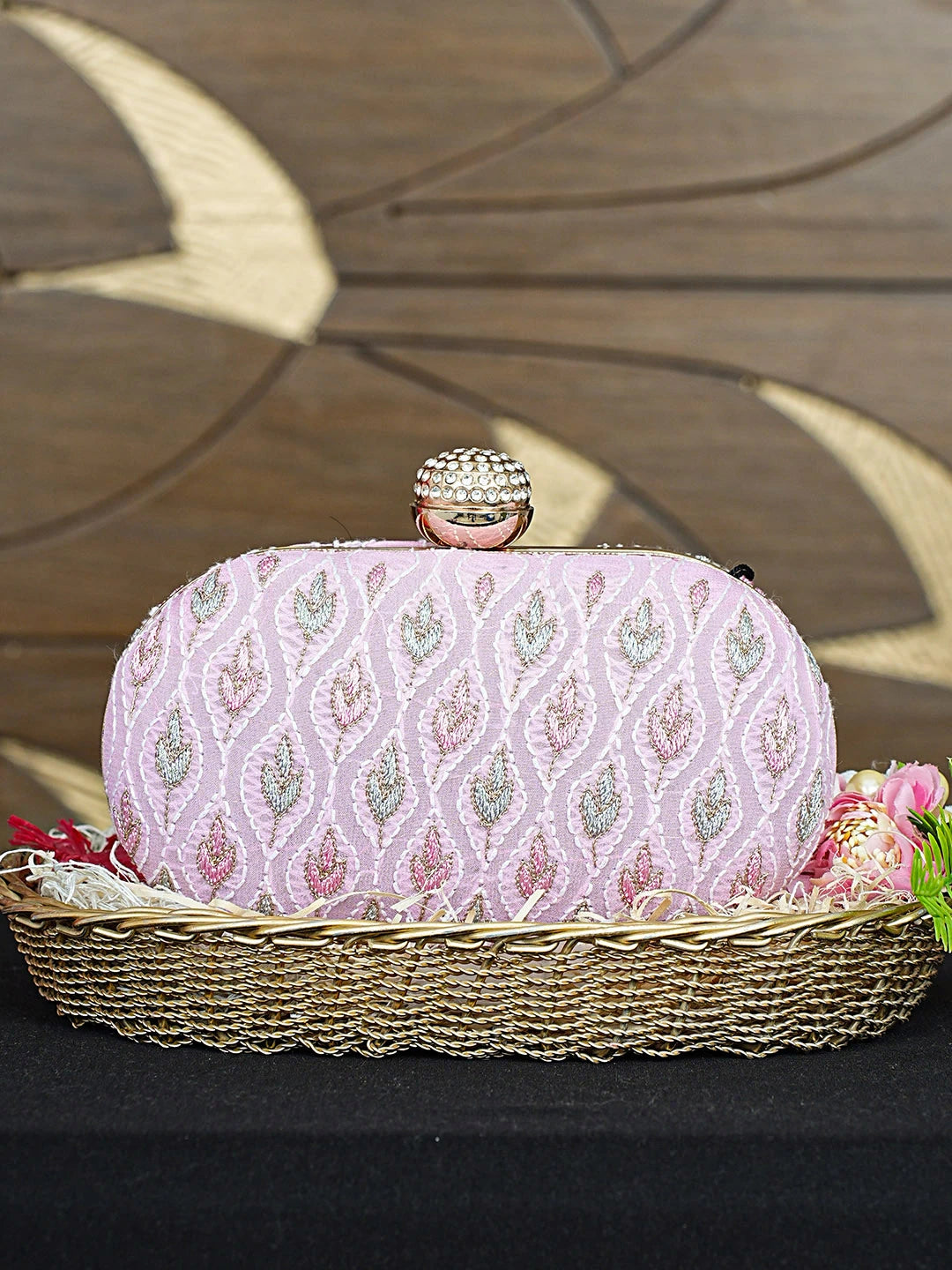 Ada Hand Embroidered Pink Mist Viscose Georgette Lucknowi Chikankari Clutch With Zari Work 01A925581