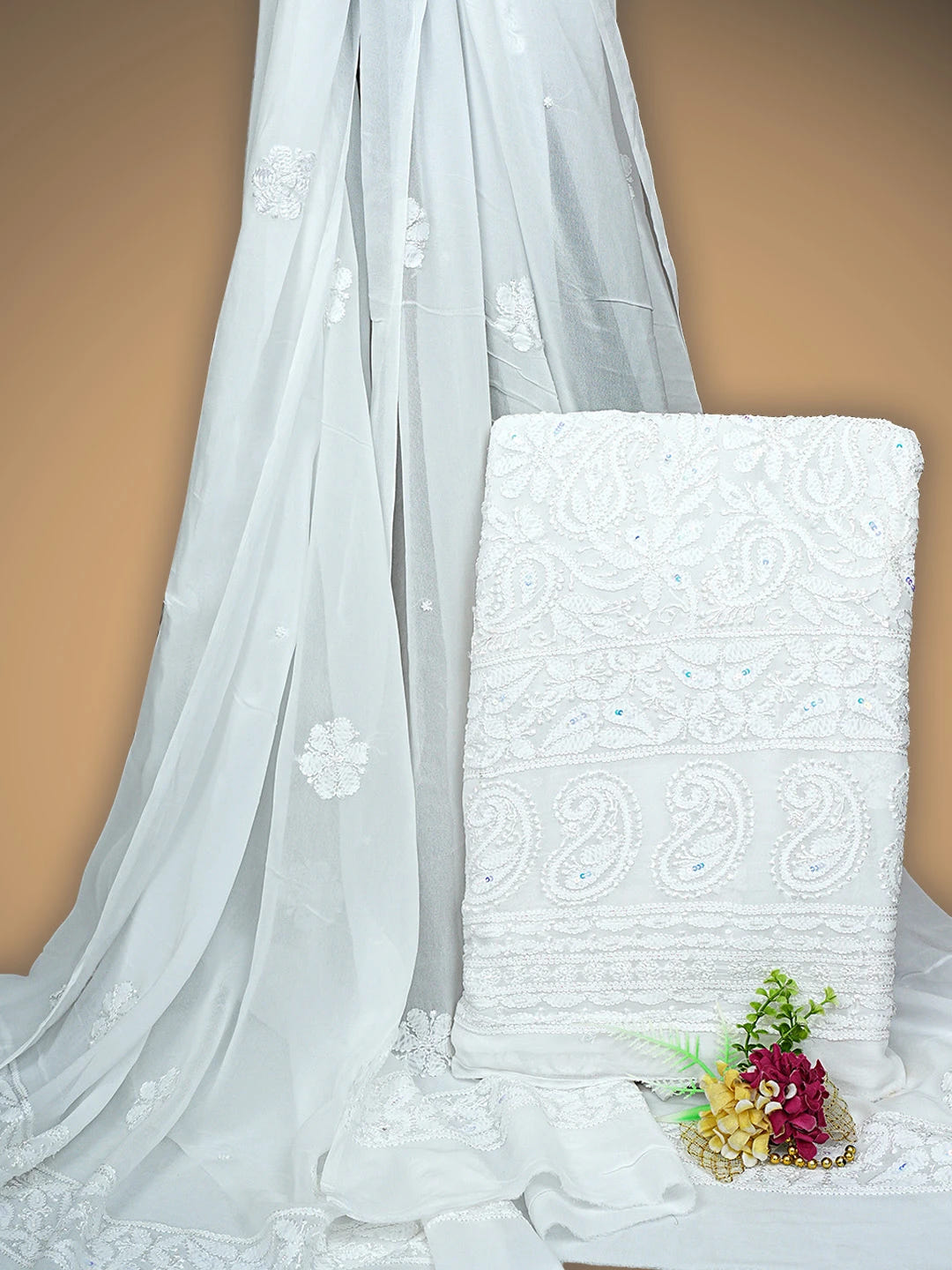 Ada Hand Embroidered White Viscose Georgette Lucknowi Chikankari Unstitched Kurta Dupatta Set With Zari Work 01A893668