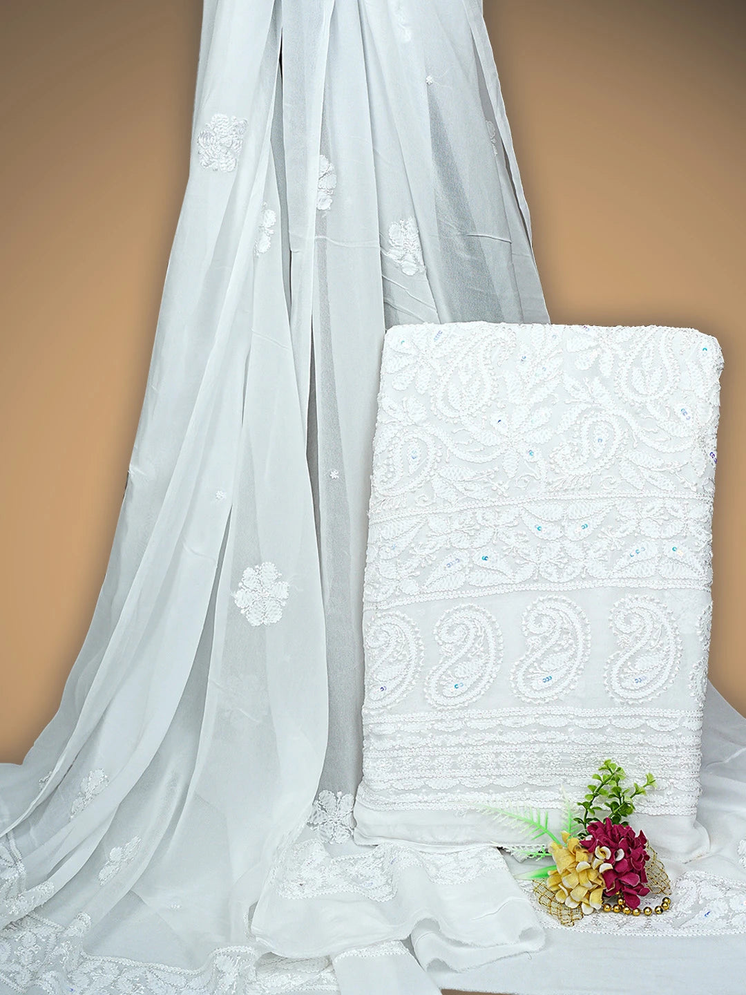 Ada Hand Embroidered White Viscose Georgette Lucknowi Chikankari Unstitched Kurta Dupatta Set With Zari Work 01A893668