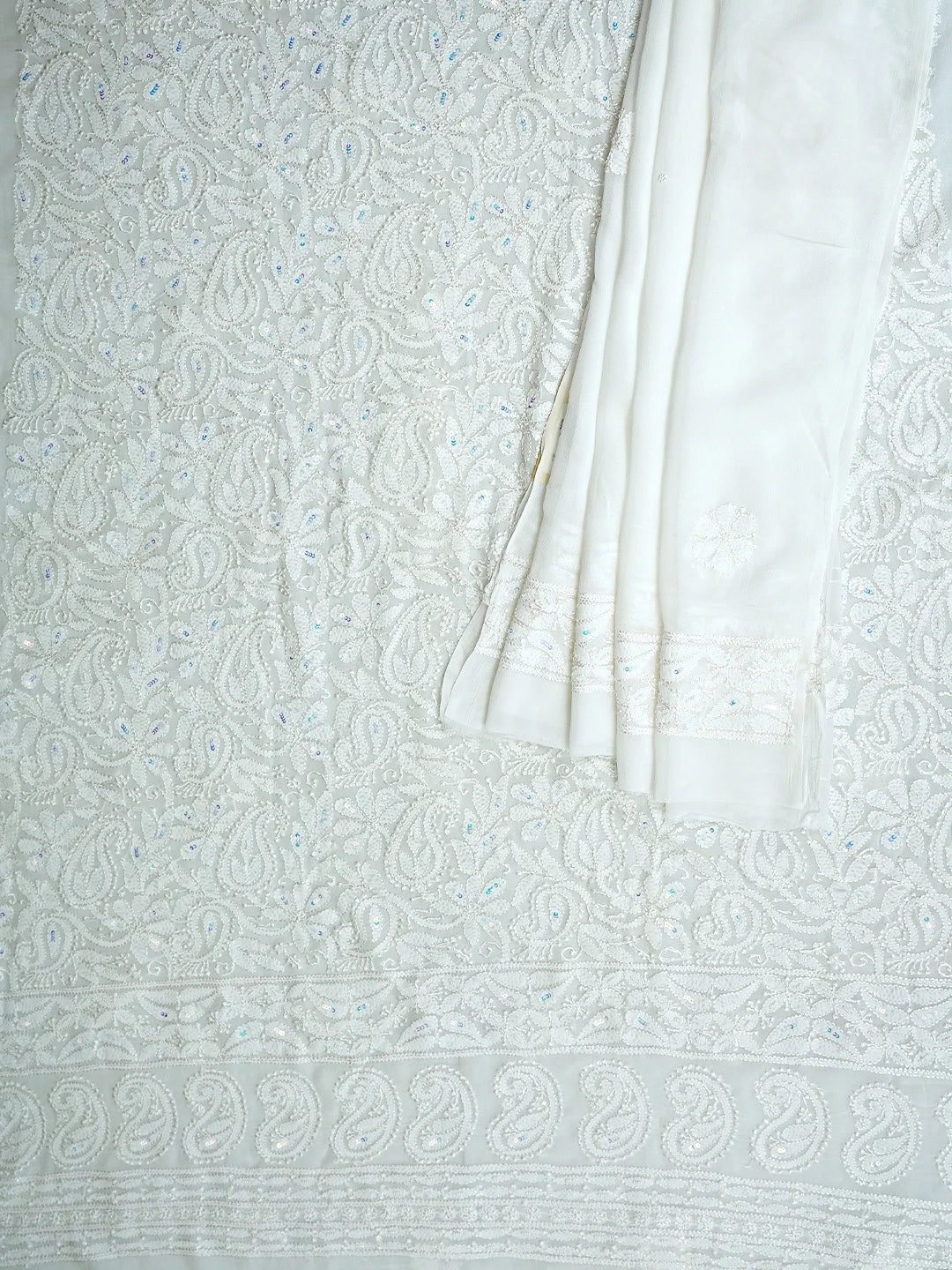 Ada Hand Embroidered White Viscose Georgette Lucknowi Chikankari Unstitched Kurta Dupatta Set With Zari Work 01A893668