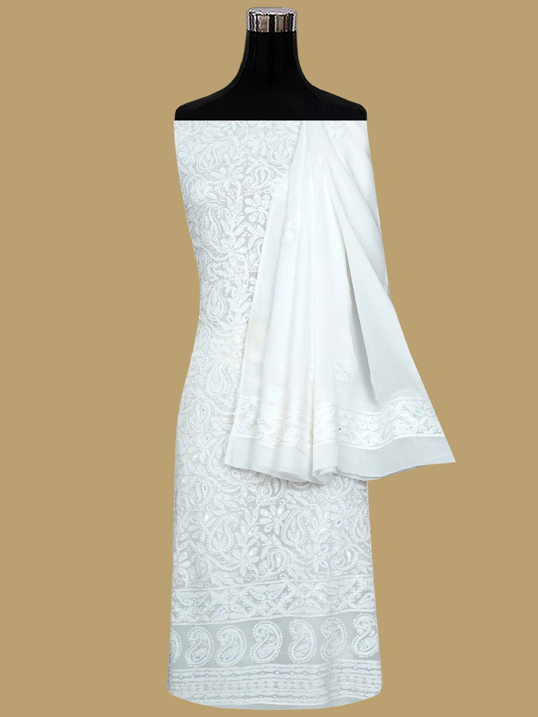 Ada Hand Embroidered White Viscose Georgette Lucknowi Chikankari Unstitched Kurta Dupatta Set With Zari Work 01A893668