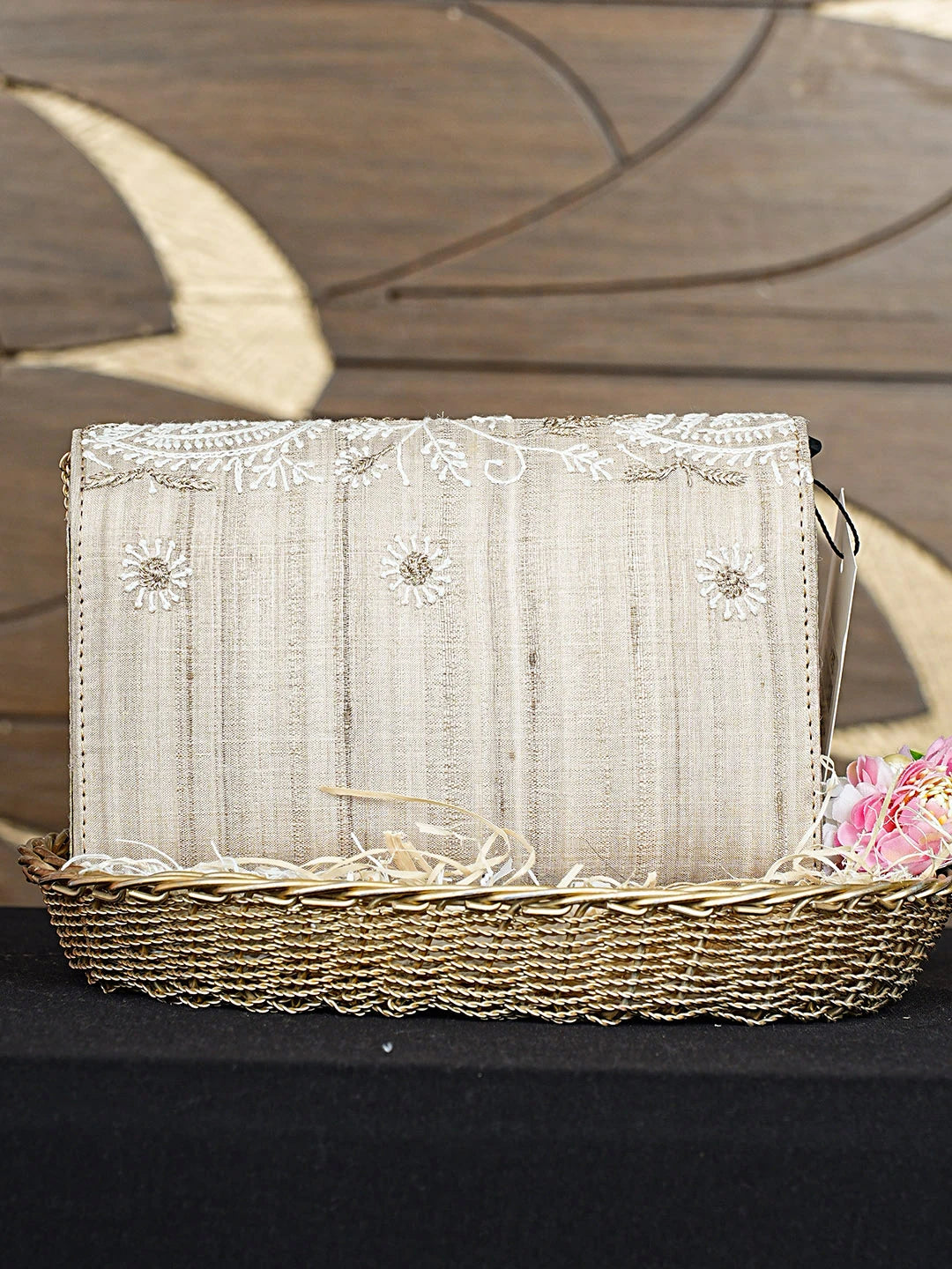 Ada Hand Embroidered Fawn Silk Lucknowi Chikankari Clutch With Zari Work 01A926534