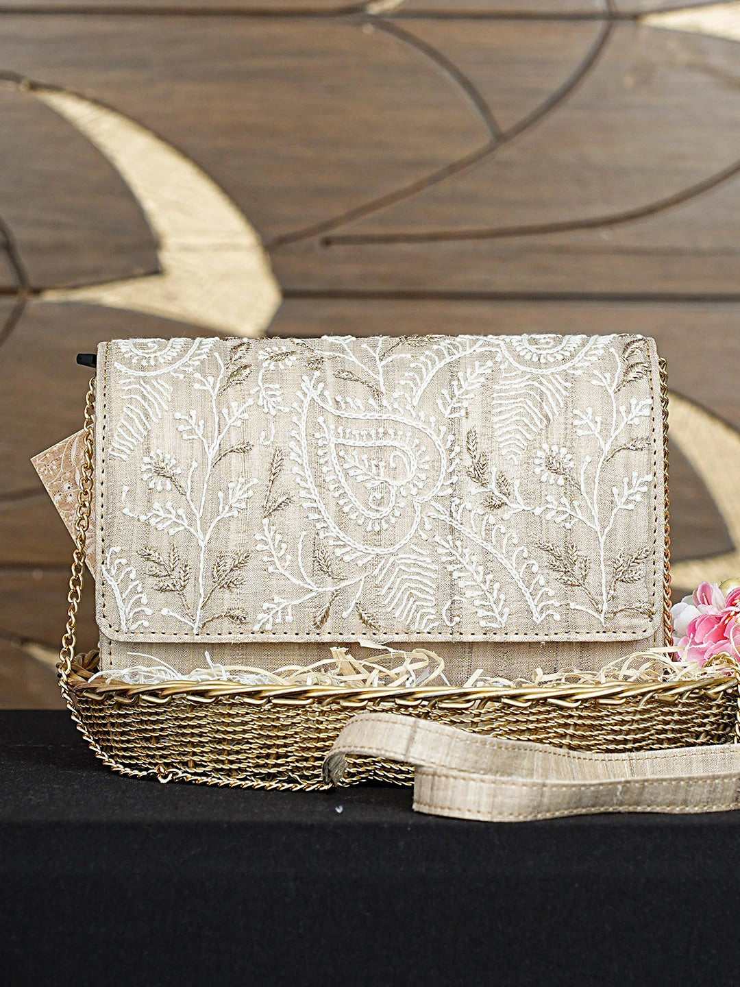 Ada Hand Embroidered Fawn Silk Lucknowi Chikankari Clutch With Zari Work 01A926534