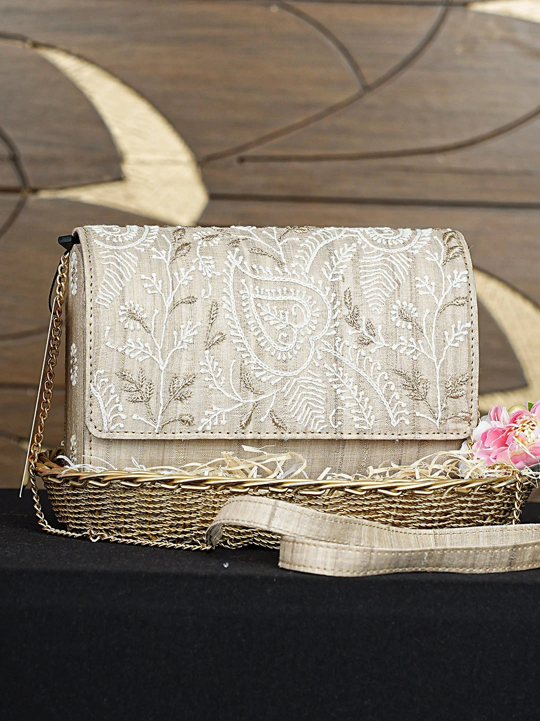 Ada Hand Embroidered Fawn Silk Lucknowi Chikankari Clutch With Zari Work 01A926534