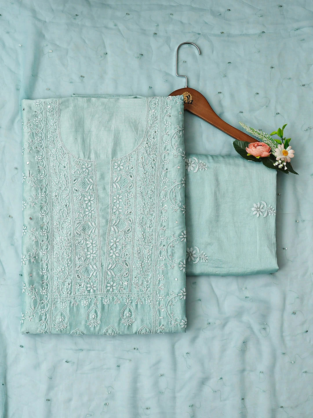 Ada Hand Embroidered Light Teal Chanderi Lucknowi Chikankari Unstitched Suit Piece With Cutdana Work 01A805716