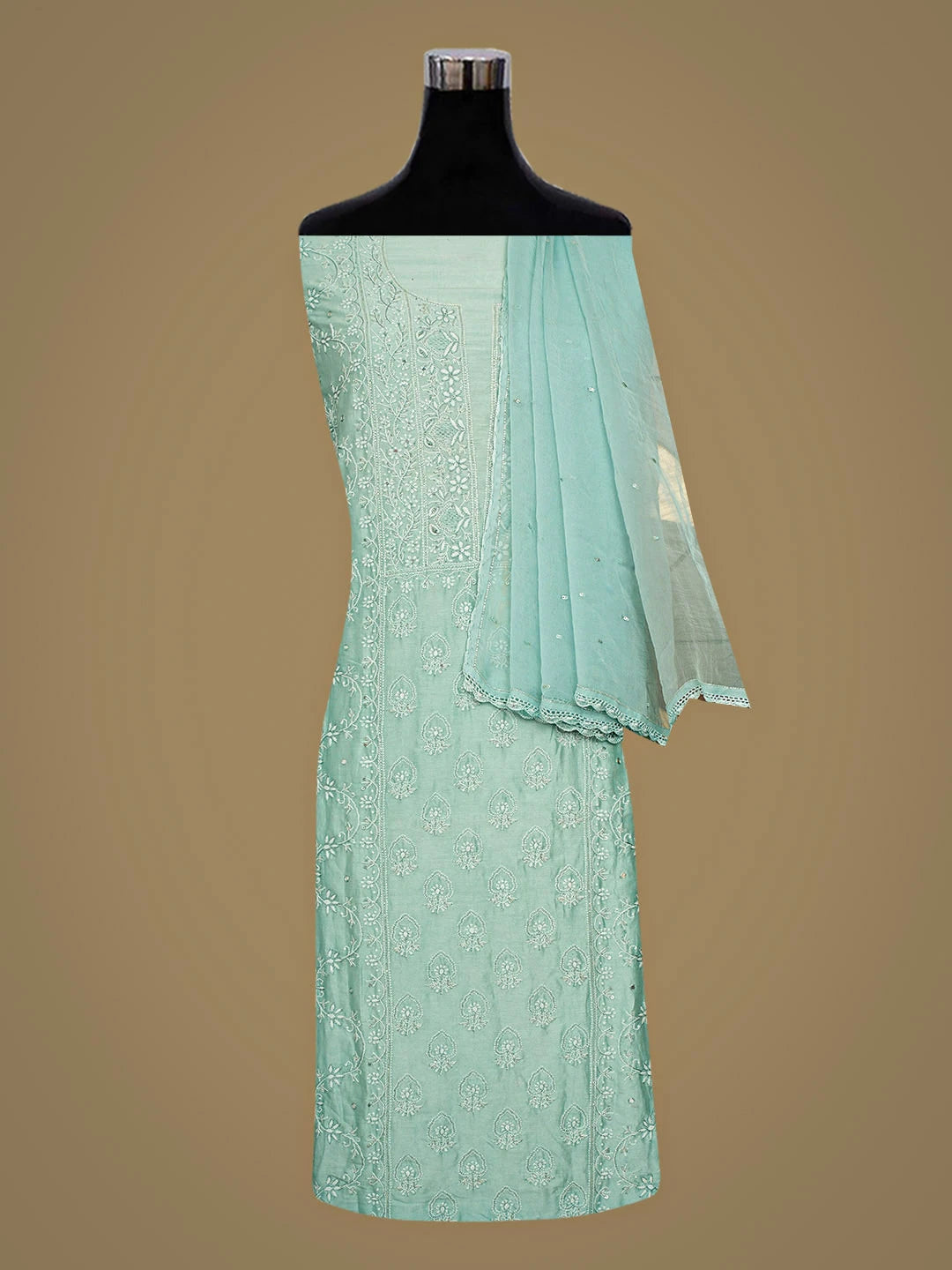Ada Hand Embroidered Light Teal Chanderi Lucknowi Chikankari Unstitched Suit Piece With Cutdana Work 01A805716
