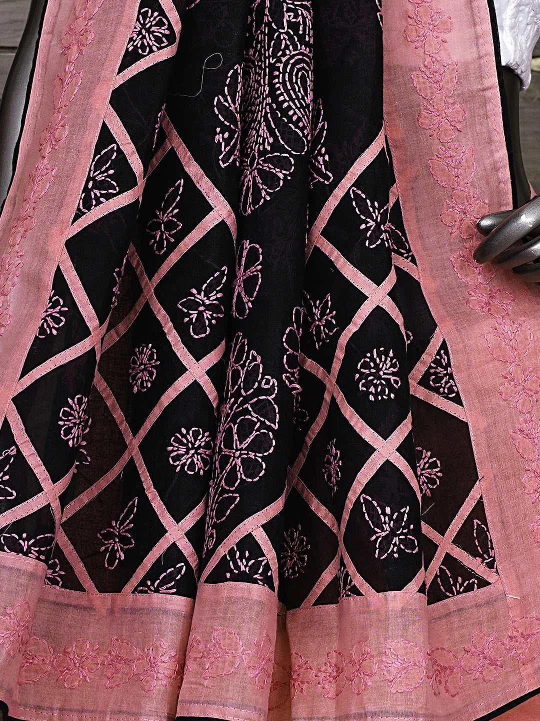Ada Hand Embroidered Carrot Pink Cotton Lucknowi Chikankari Saree and Blouse 01A935039