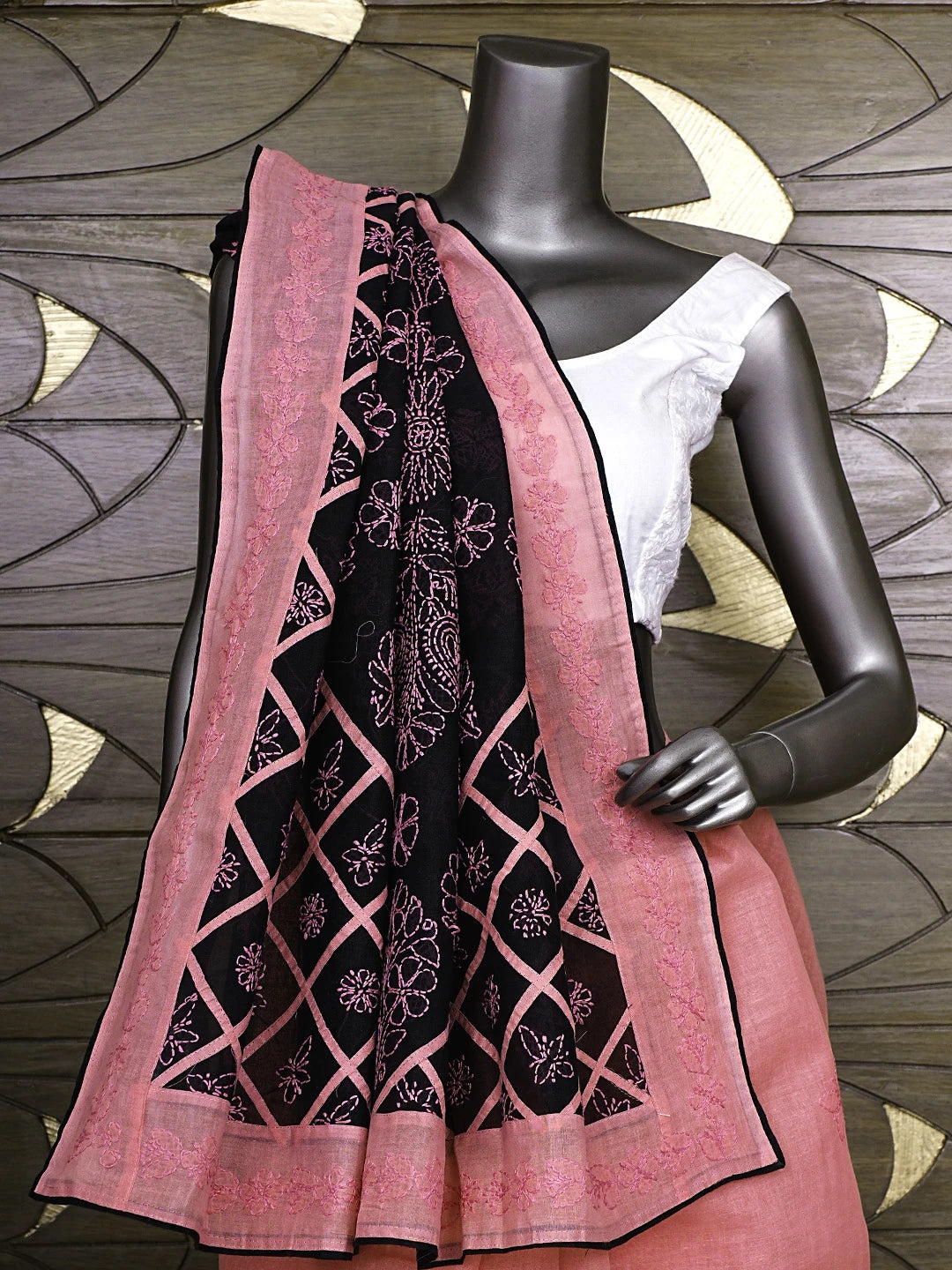 Ada Hand Embroidered Carrot Pink Cotton Lucknowi Chikankari Saree and Blouse 01A935039
