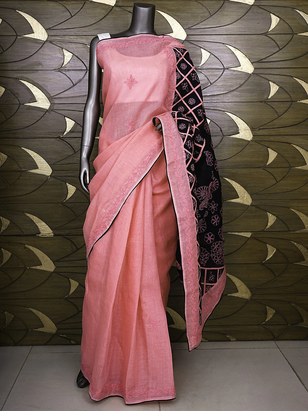 Ada Hand Embroidered Carrot Pink Cotton Lucknowi Chikankari Saree and Blouse 01A935039