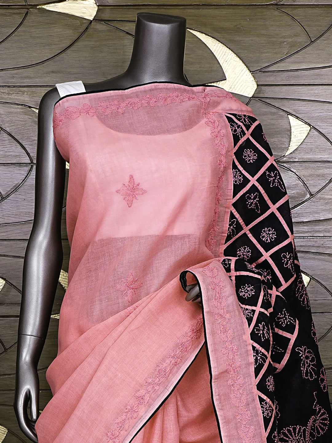 Ada Hand Embroidered Carrot Pink Cotton Lucknowi Chikankari Saree and Blouse 01A935039