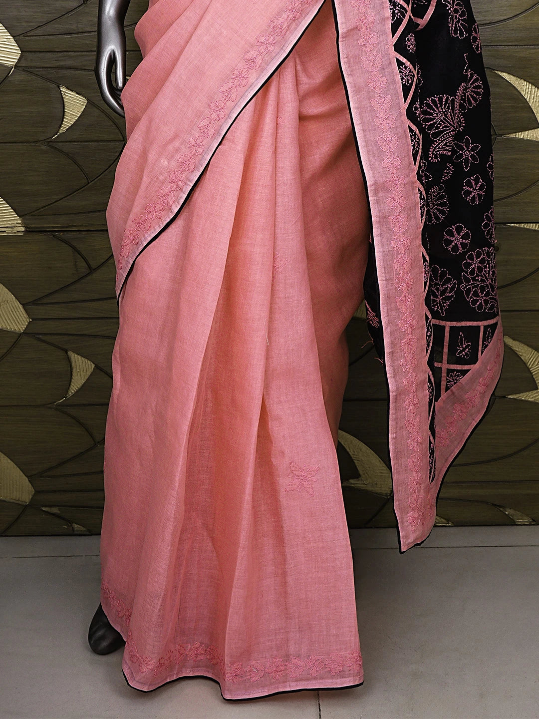Ada Hand Embroidered Carrot Pink Cotton Lucknowi Chikankari Saree and Blouse 01A935039