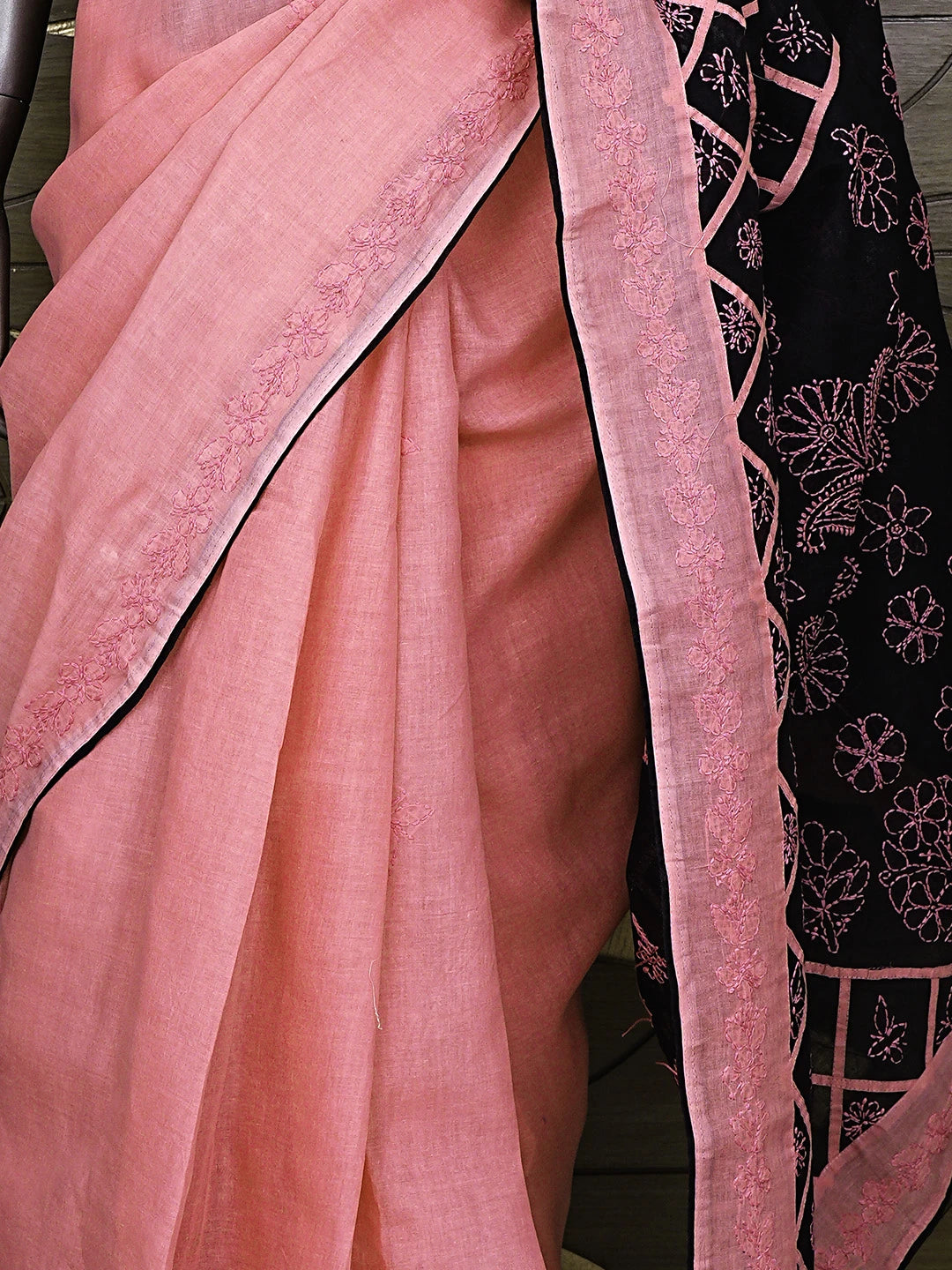 Ada Hand Embroidered Carrot Pink Cotton Lucknowi Chikankari Saree and Blouse 01A935039