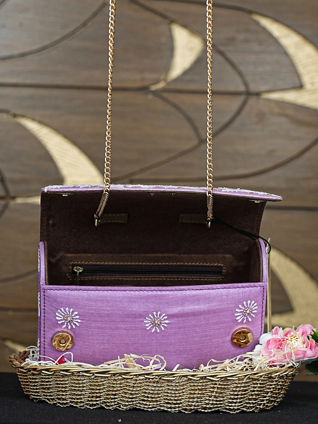 Ada Hand Embroidered Mauve Silk Lucknowi Chikankari Clutch With Zari Work 01A926543