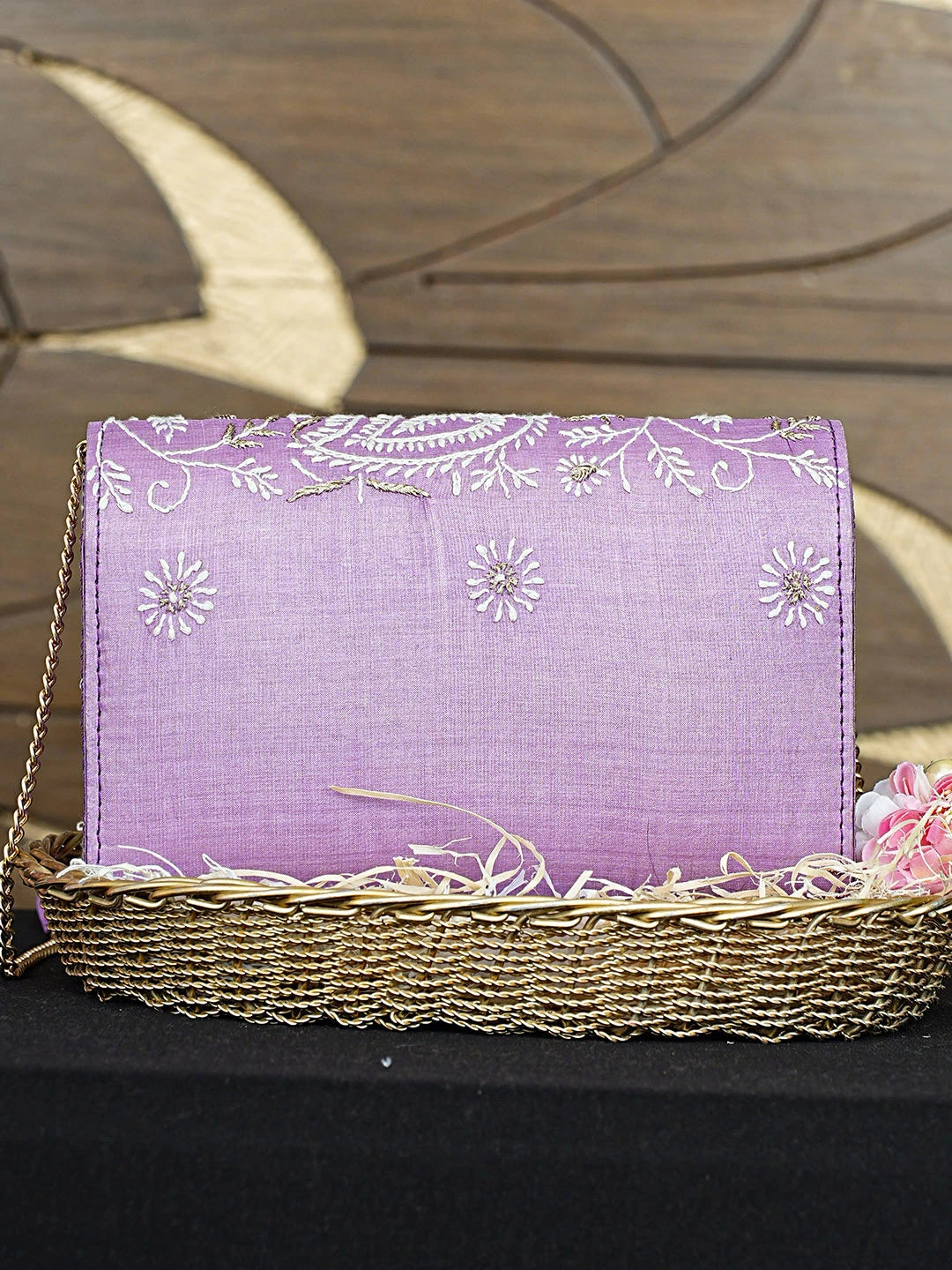 Ada Hand Embroidered Mauve Silk Lucknowi Chikankari Clutch With Zari Work 01A926543